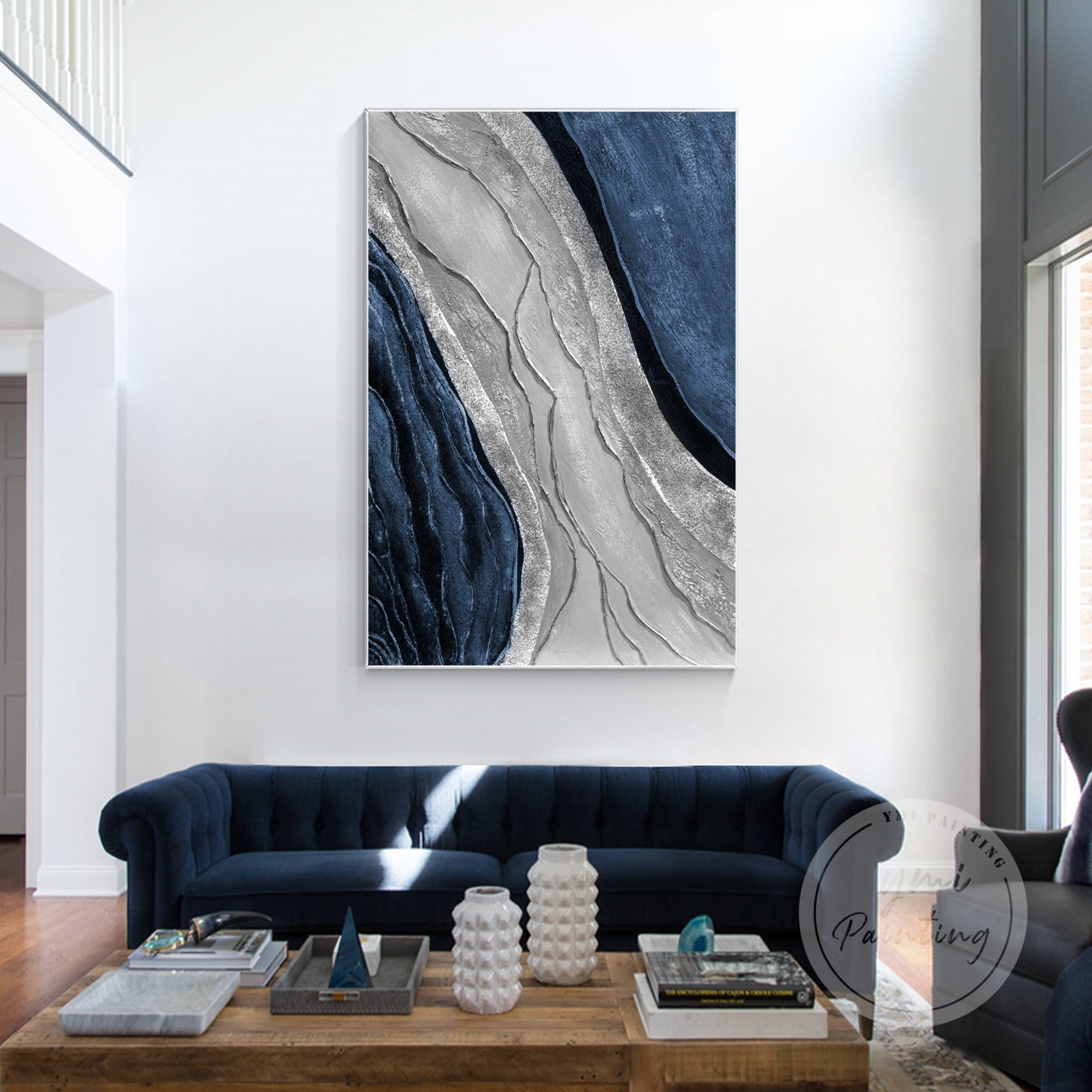 Deep blue abstract textured painting for home décor