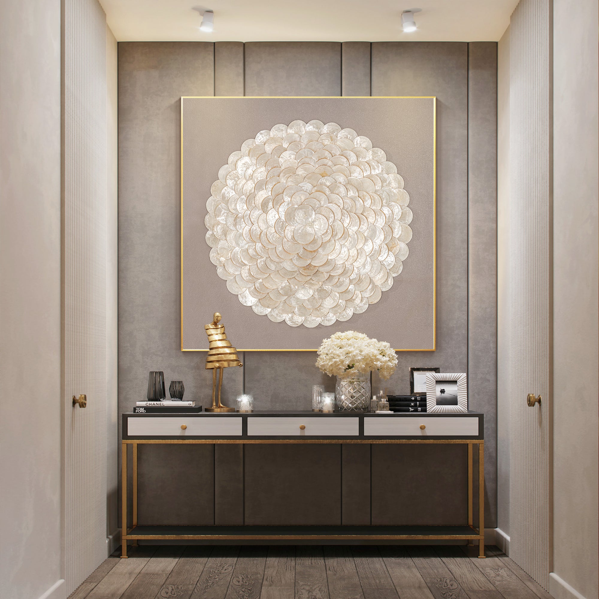 Exquisite artwork of 3D white seashells, set against a light backdrop for a refined, contemporary touch.