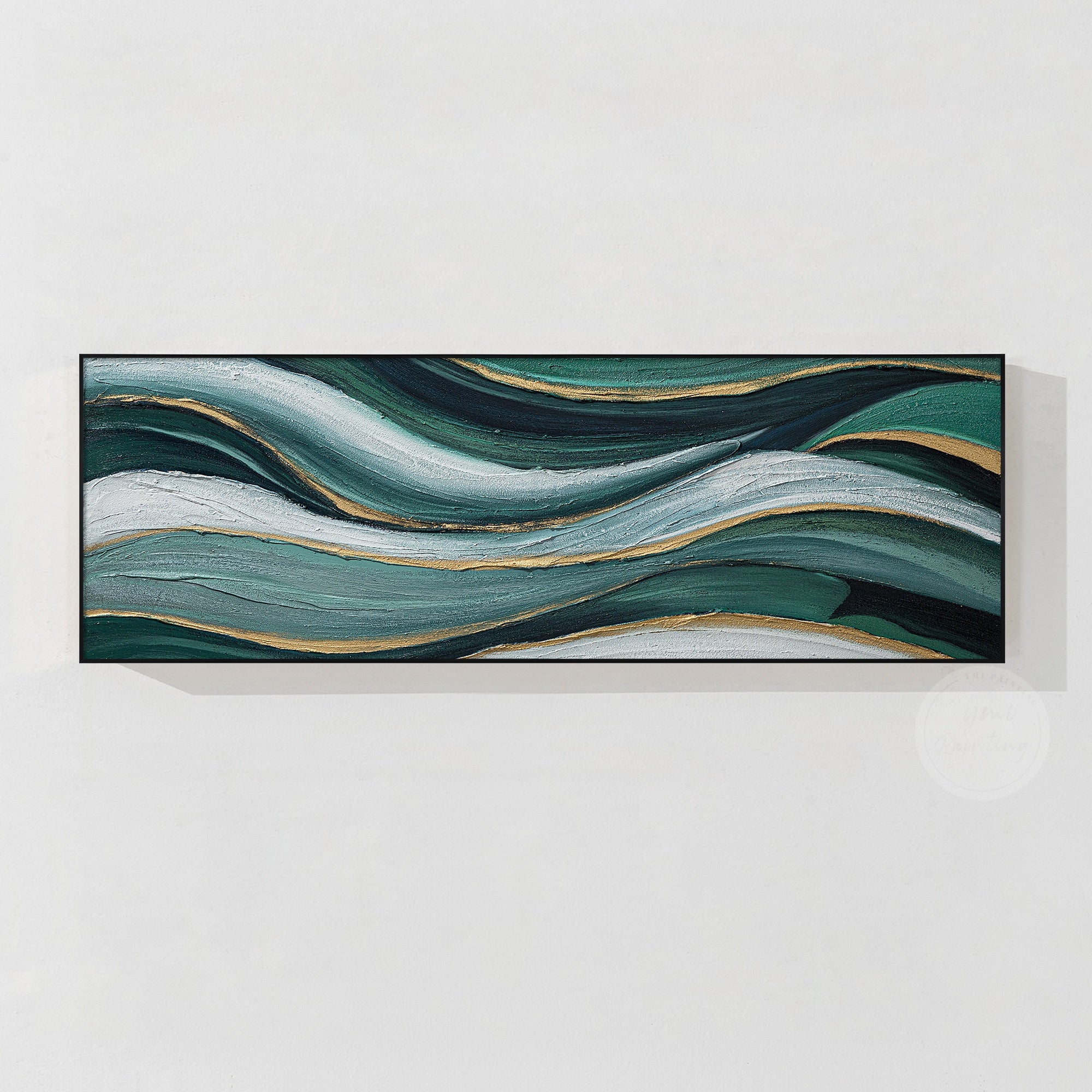 Emerald green abstract painting with textured layers and modern artistic details