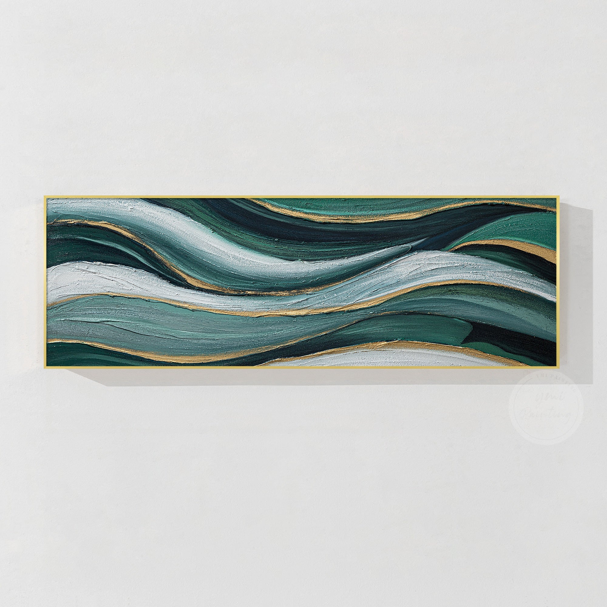 Original emerald green abstract canvas painting with luxury textured details