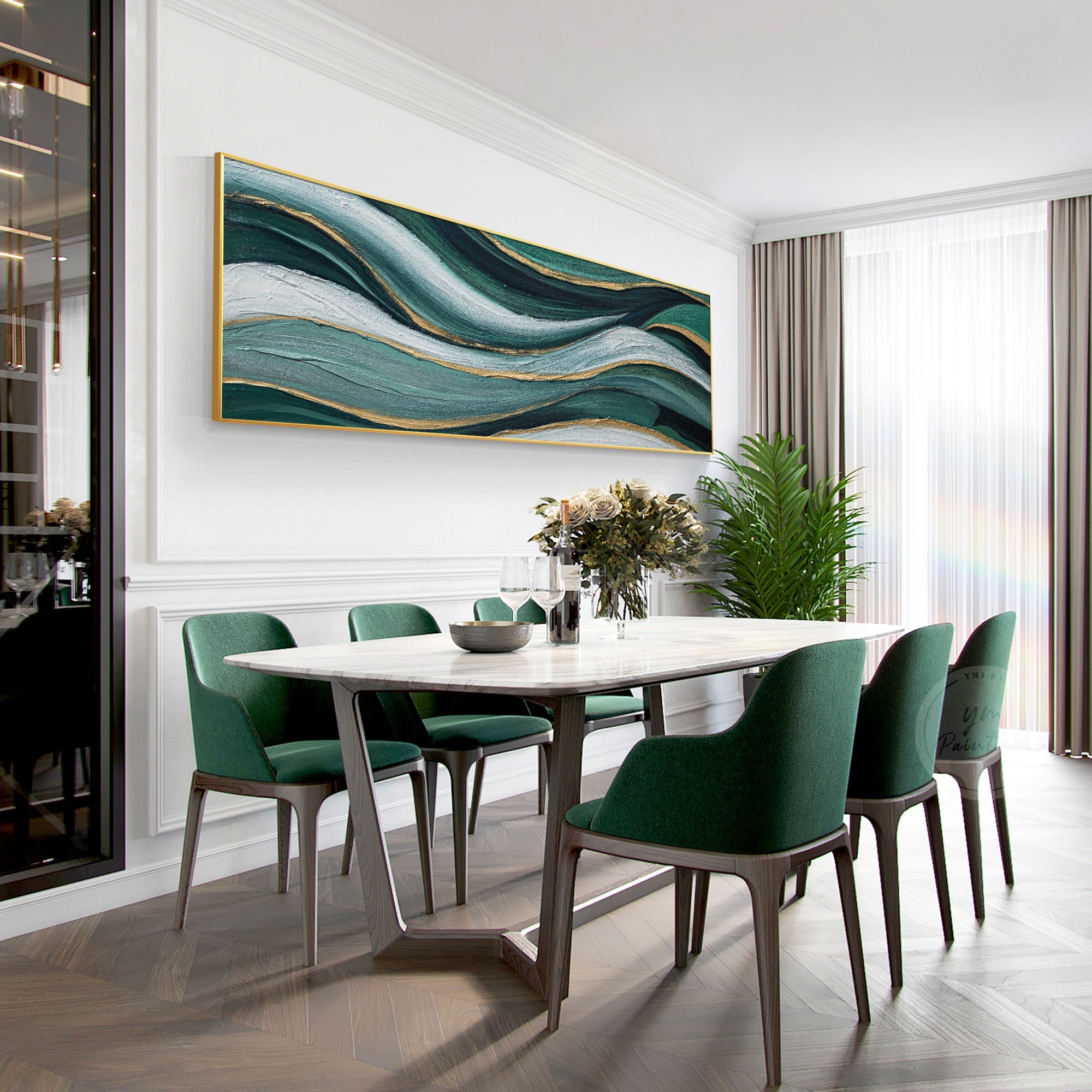 Abstract green painting featuring dimensional texture and elegant modern style