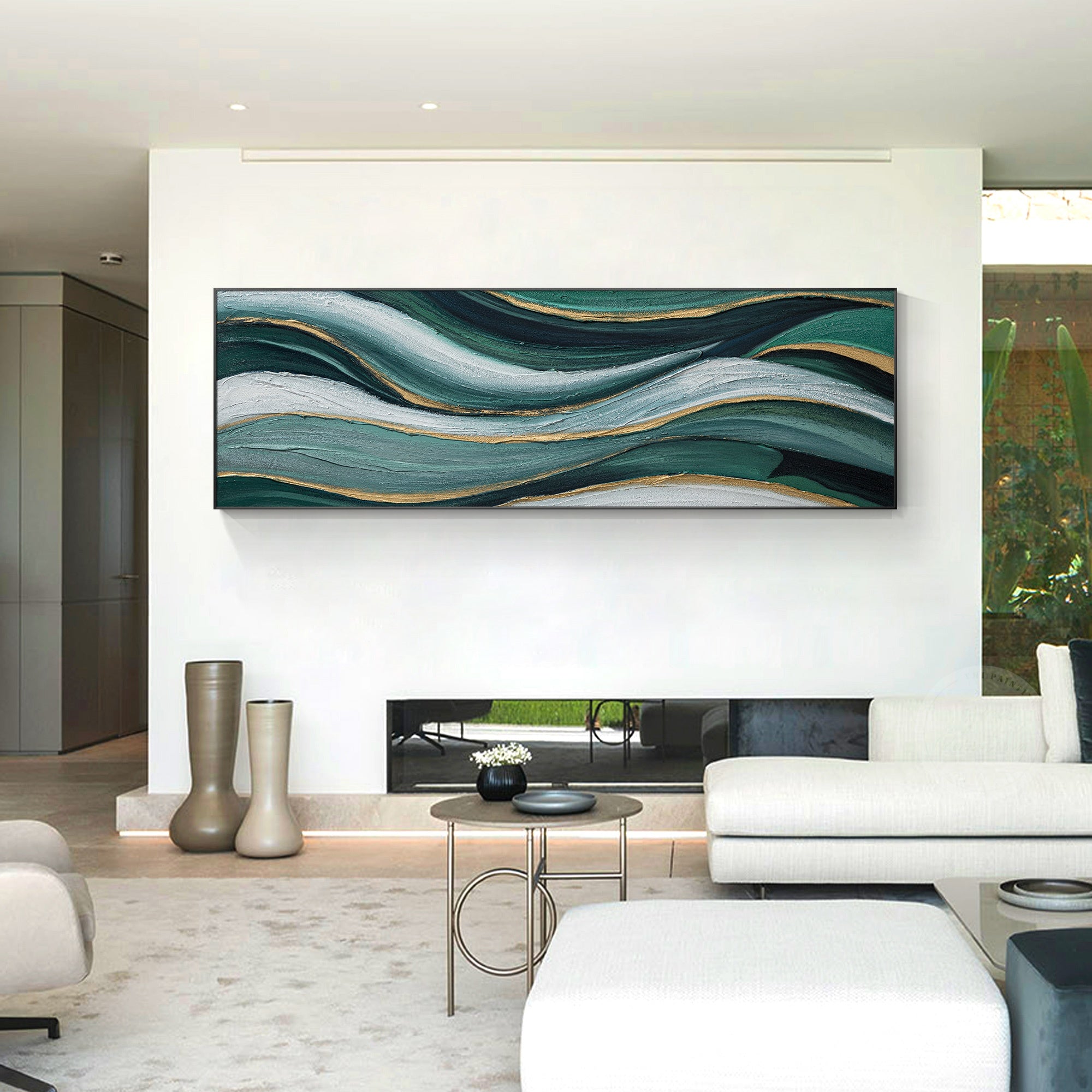 Modern textured abstract painting with deep emerald green shades and artistic depth