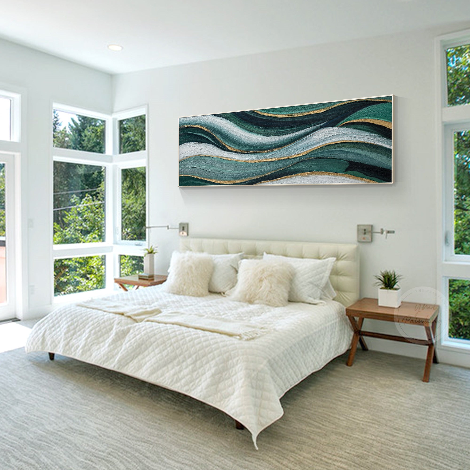 Contemporary emerald green canvas art with layered texture and handmade finish
