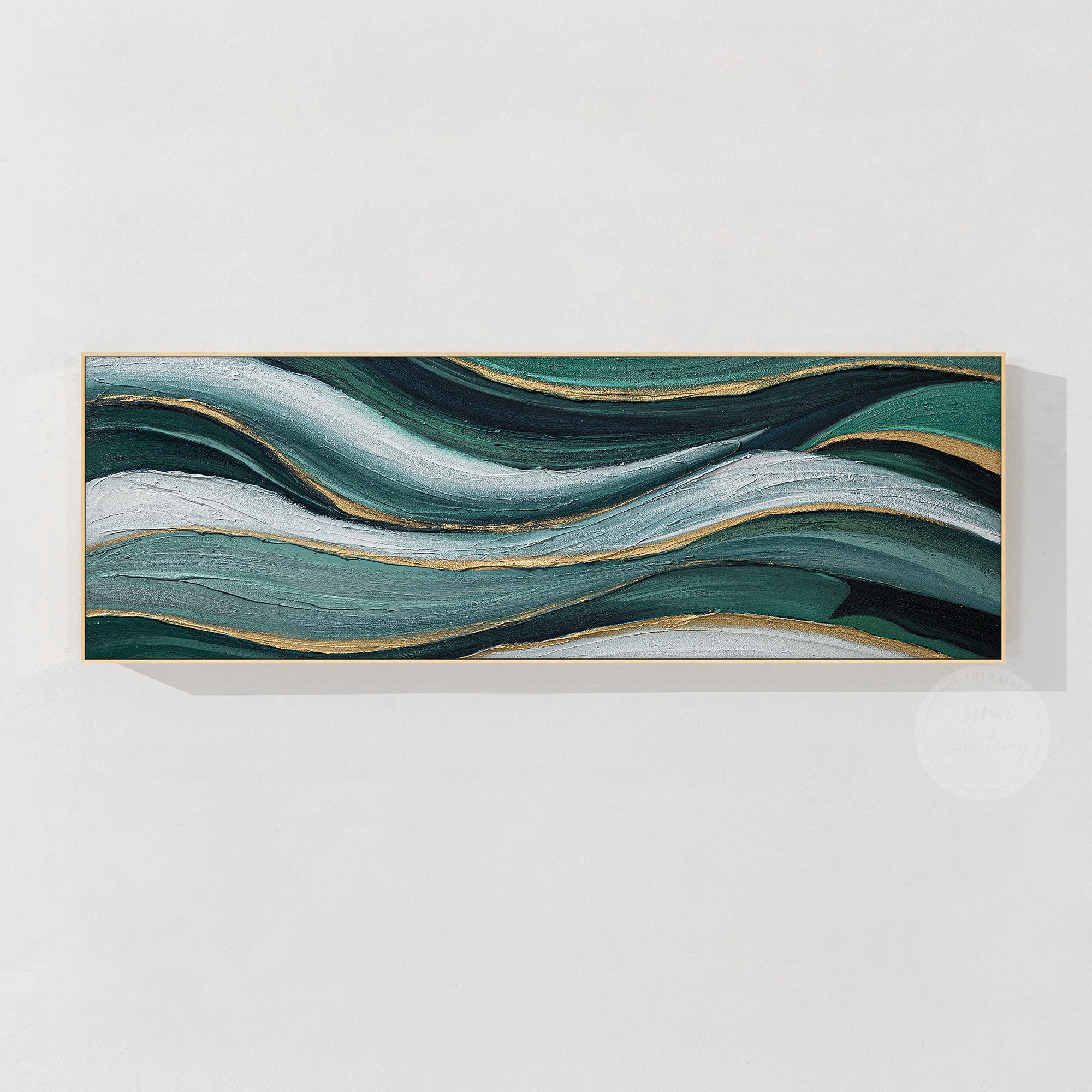 Original emerald green abstract canvas painting with luxury textured details