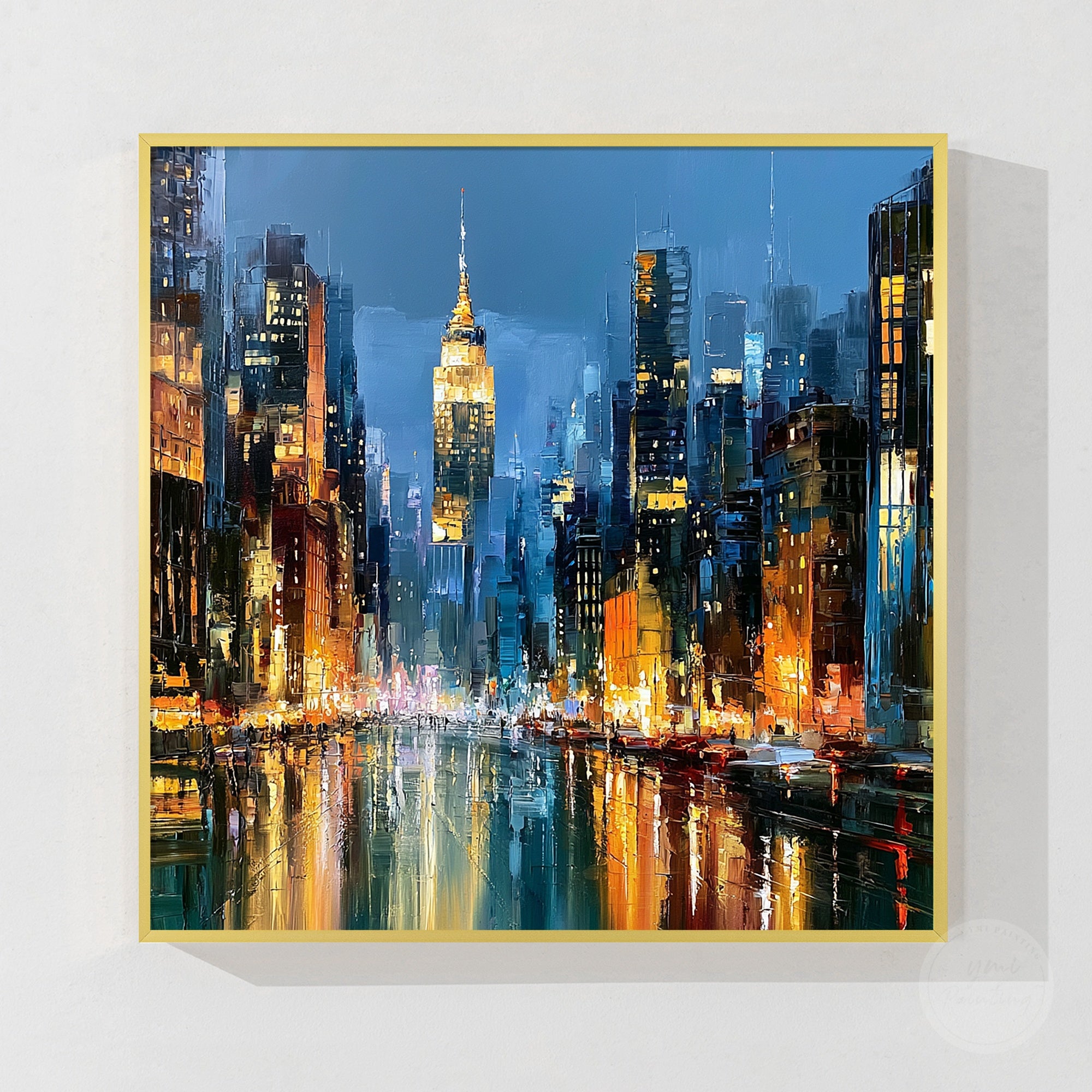 Modern Manhattan cityscape painting in blue and gold tones