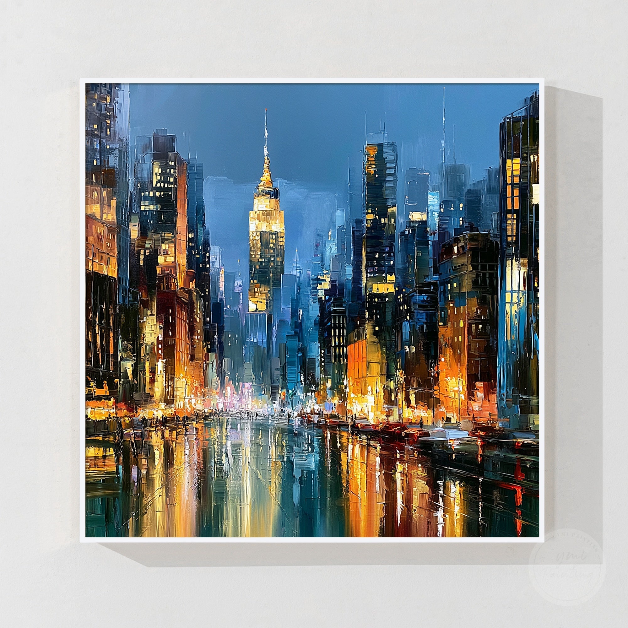 Manhattan skyline painting with illuminated skyscrapers