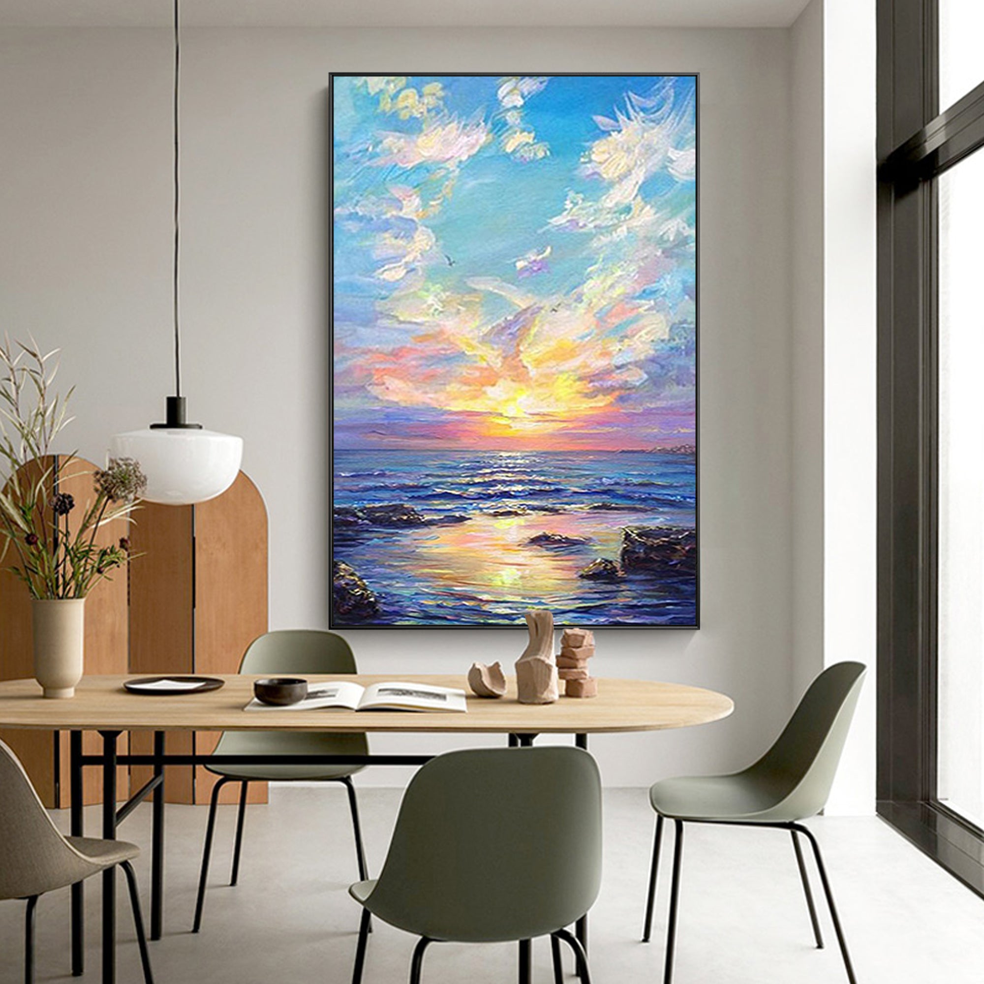 Ethereal oil painting capturing the calm ocean at sunset, with smooth rocks adding depth and texture to the serene composition in a modern dining room.