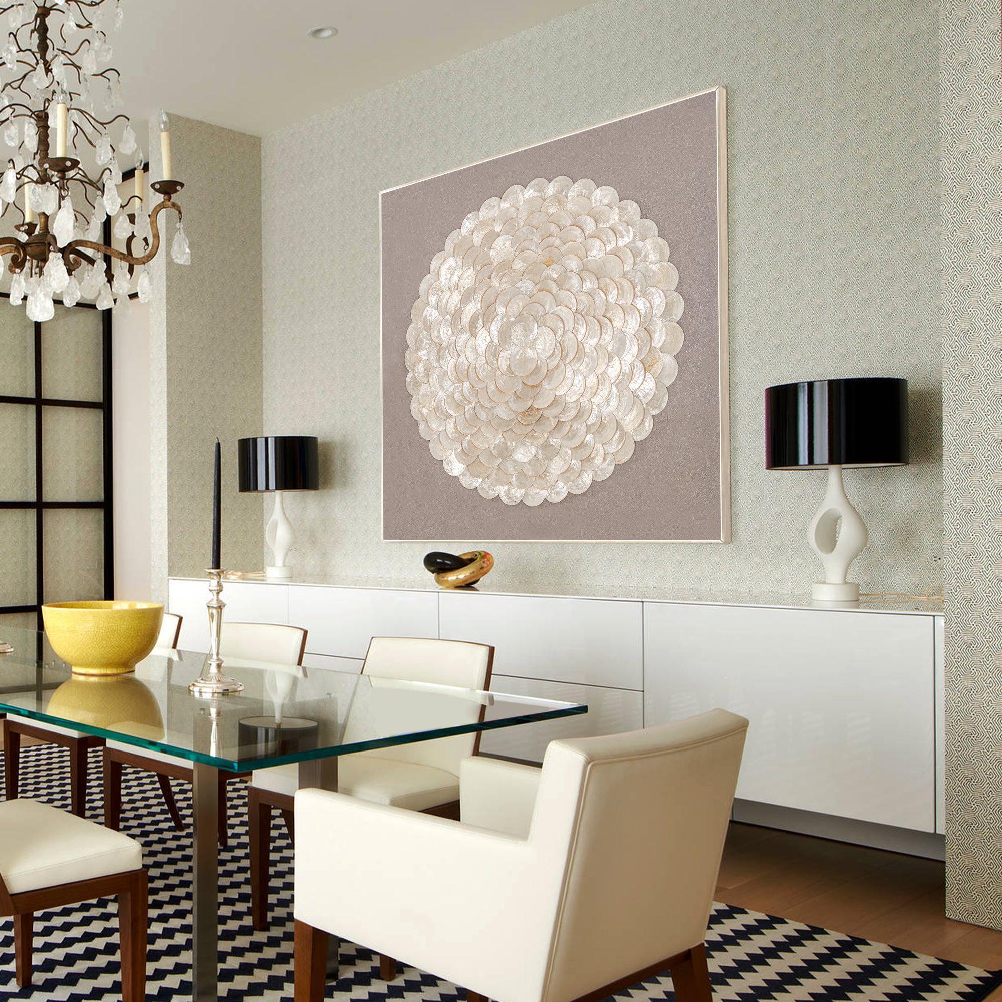 Sophisticated seashell canvas with soft textures and light colors, creating a serene and upscale artistic statement.