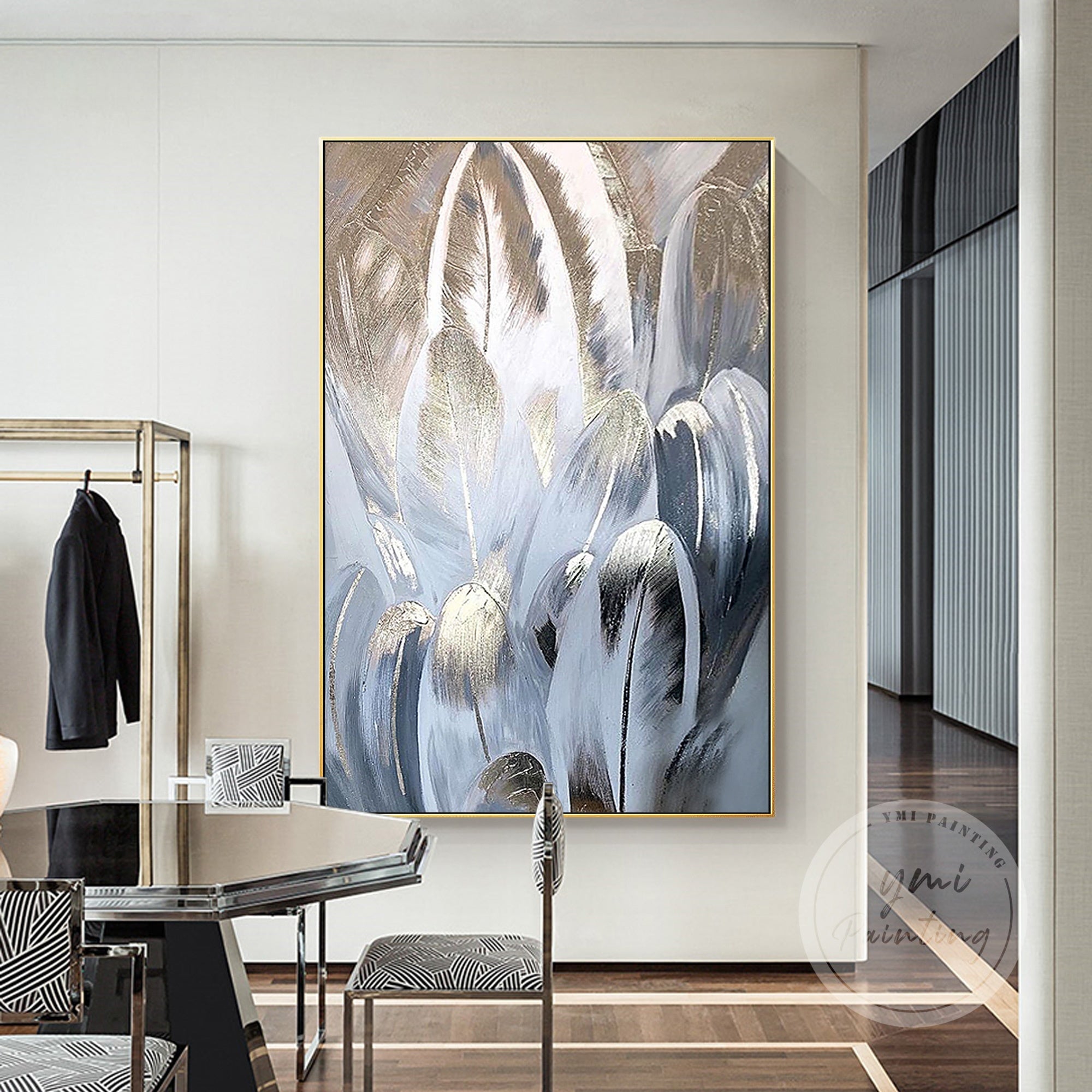 Textured abstract oil painting of delicate feathers, adding a modern aesthetic to any space.