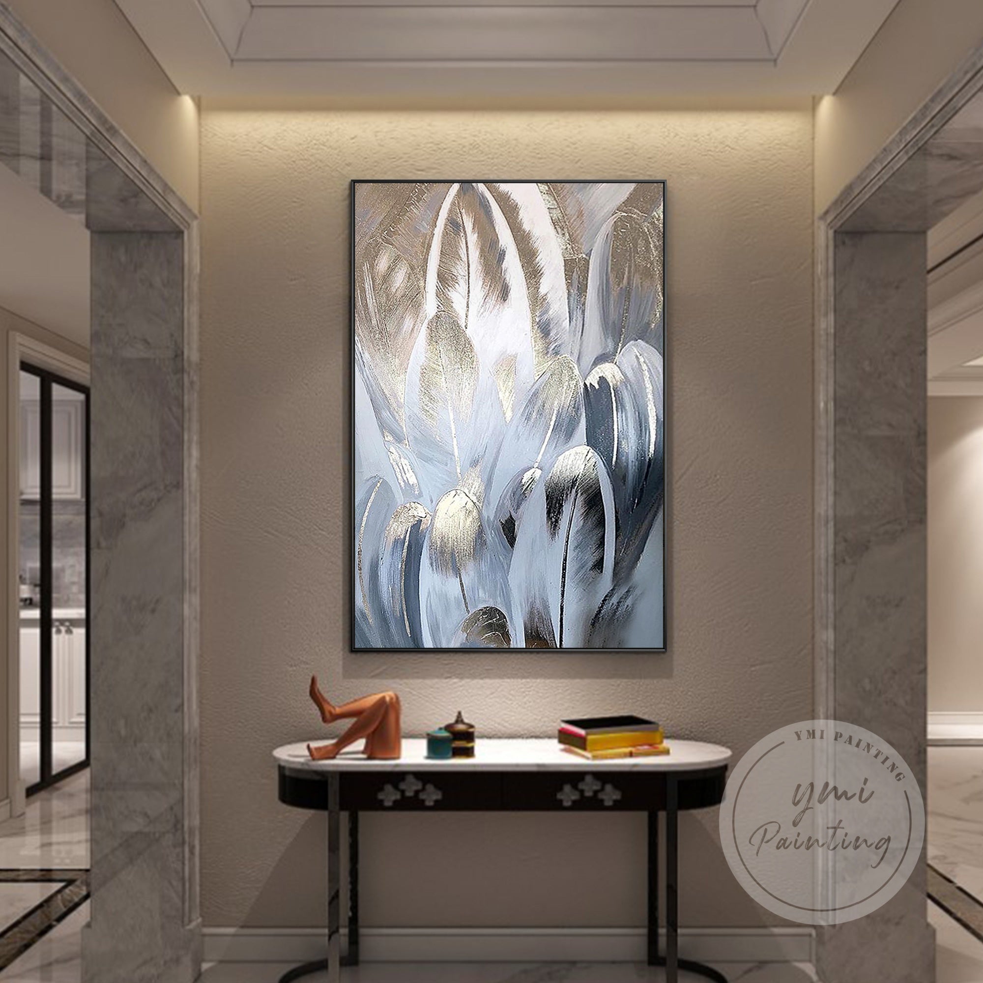 Modern large feather canvas painting in light steel blue and rose gold, designed for a sophisticated interior.
