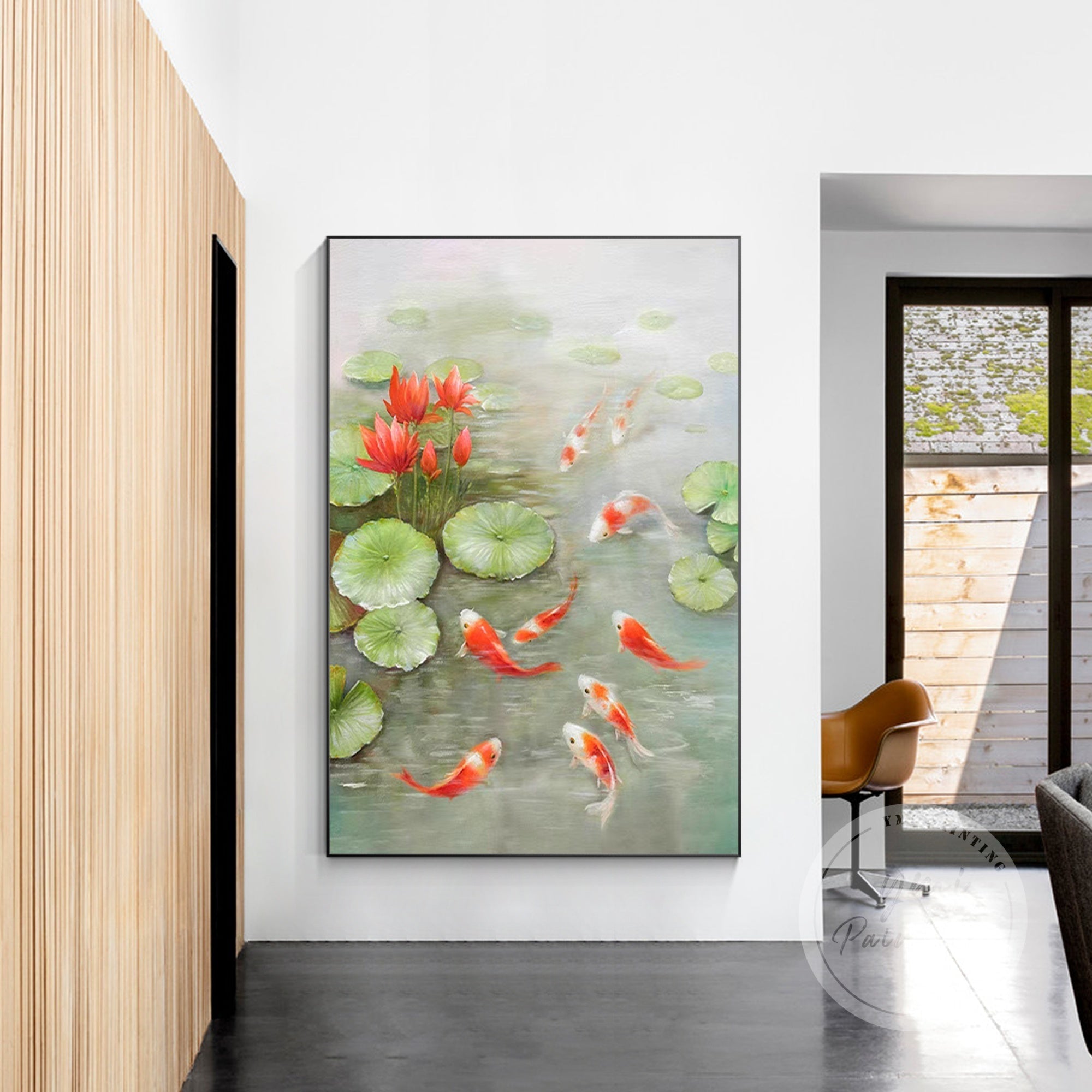 Unique Feng Shui Wall Art featuring nine koi fish and lucky lotus, perfect for adding peace and power to your space.