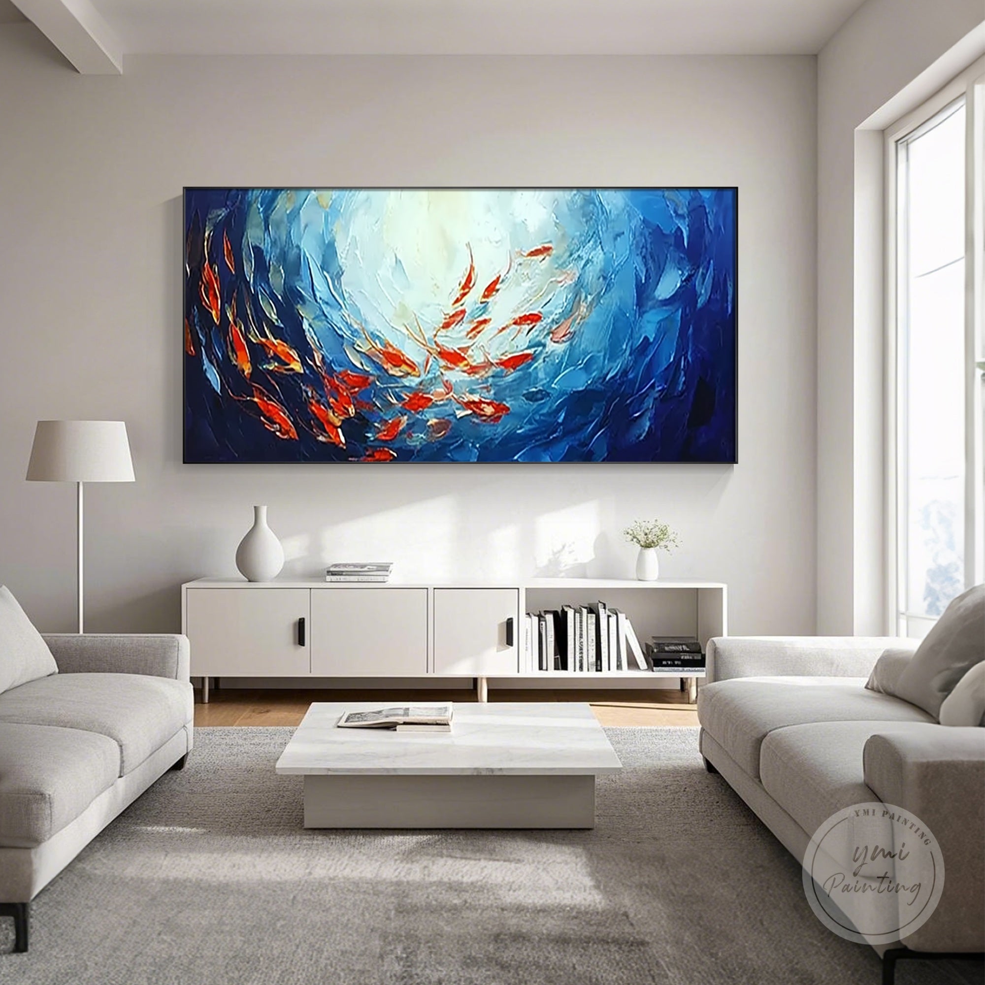 Hand-painted red school of fish in the deep blue ocean, perfect for nautical decor.