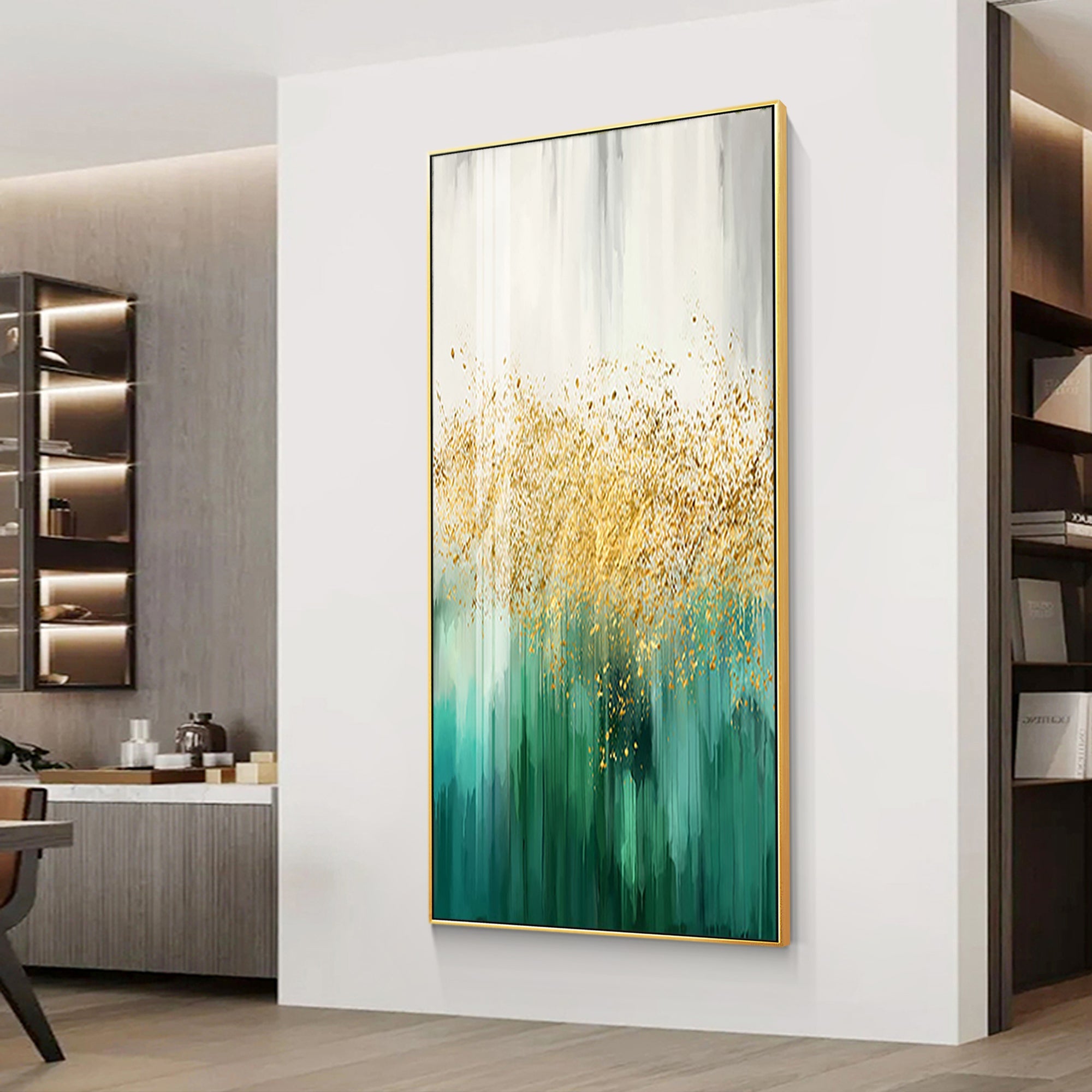 Modern abstract green gold white painting on a floor to ceiling corner wall