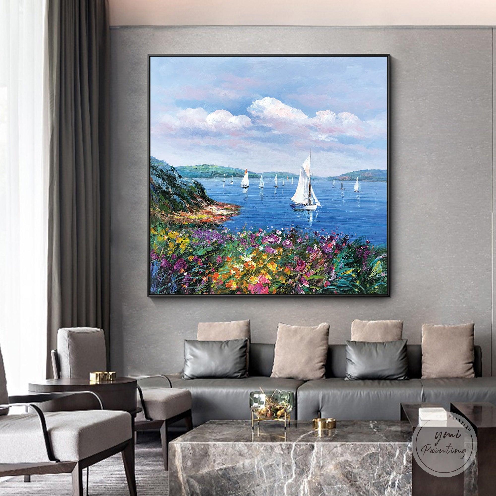 Floral seaside painting for living room wall with vibrant garden and sailing boats