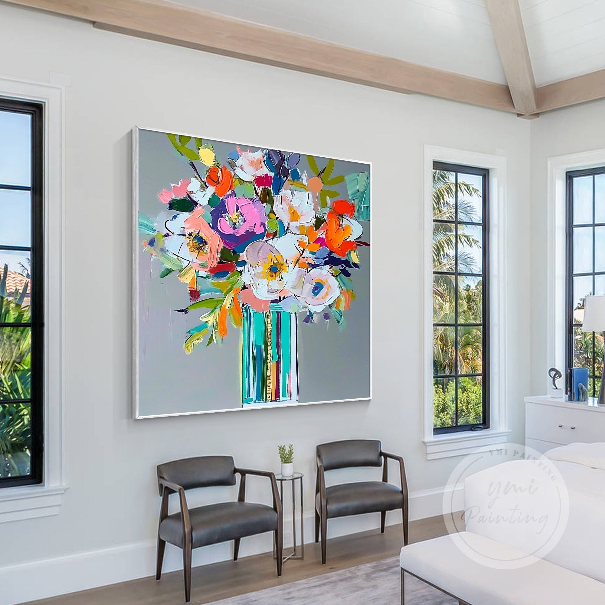 Colorful wall art with vibrant flowers
