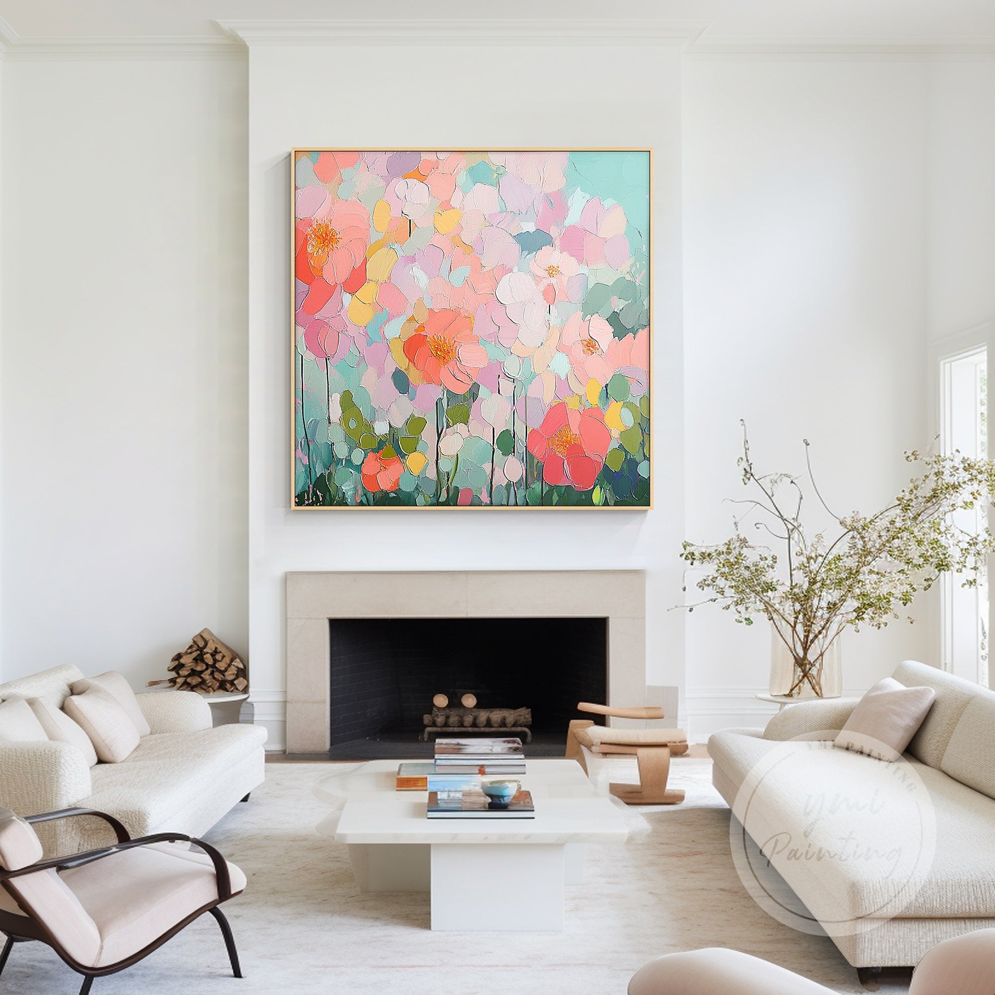 Mint green and yellow abstract flower art
