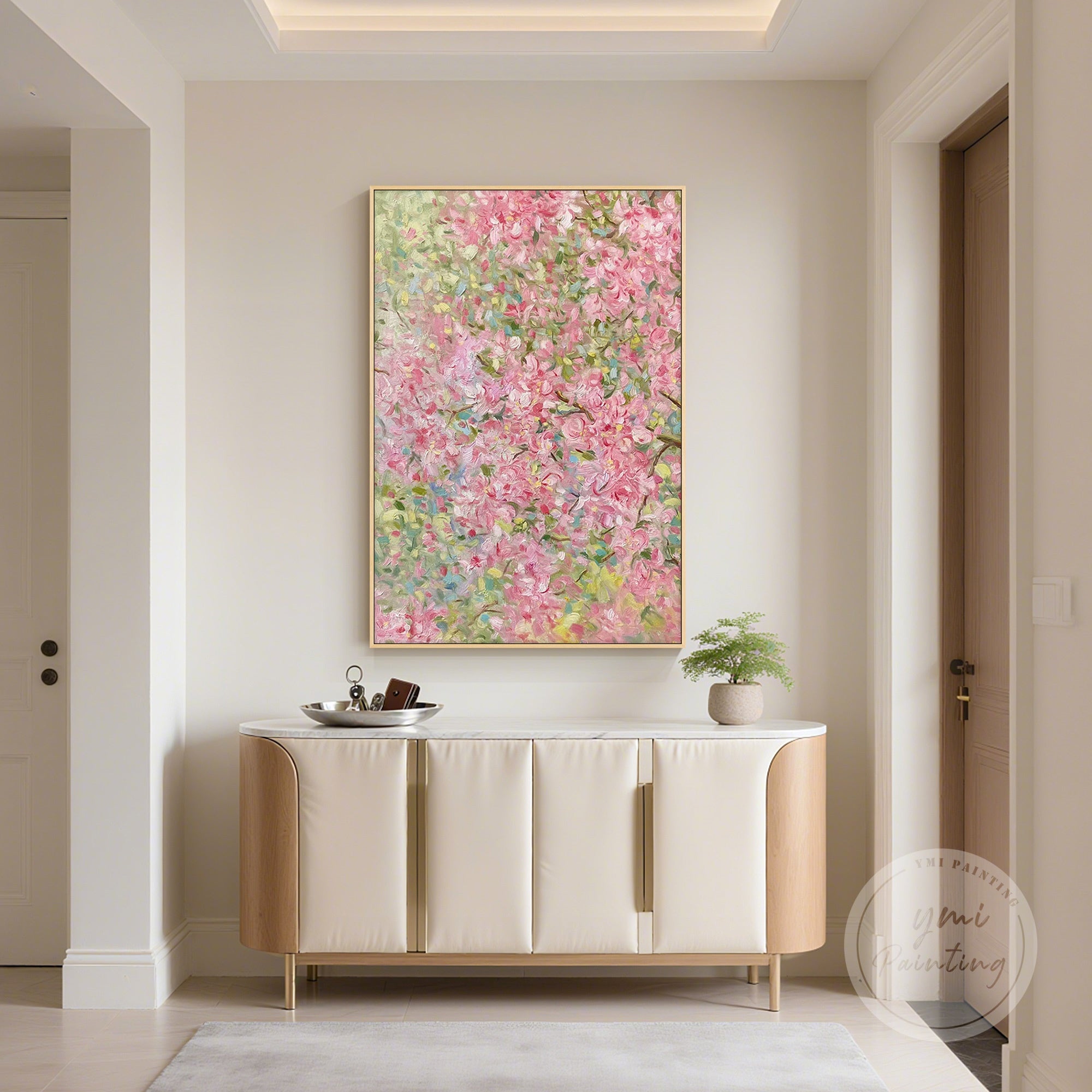 Impressionist floral painting with blooming spring flowers, ideal for brightening your living room or workspace.