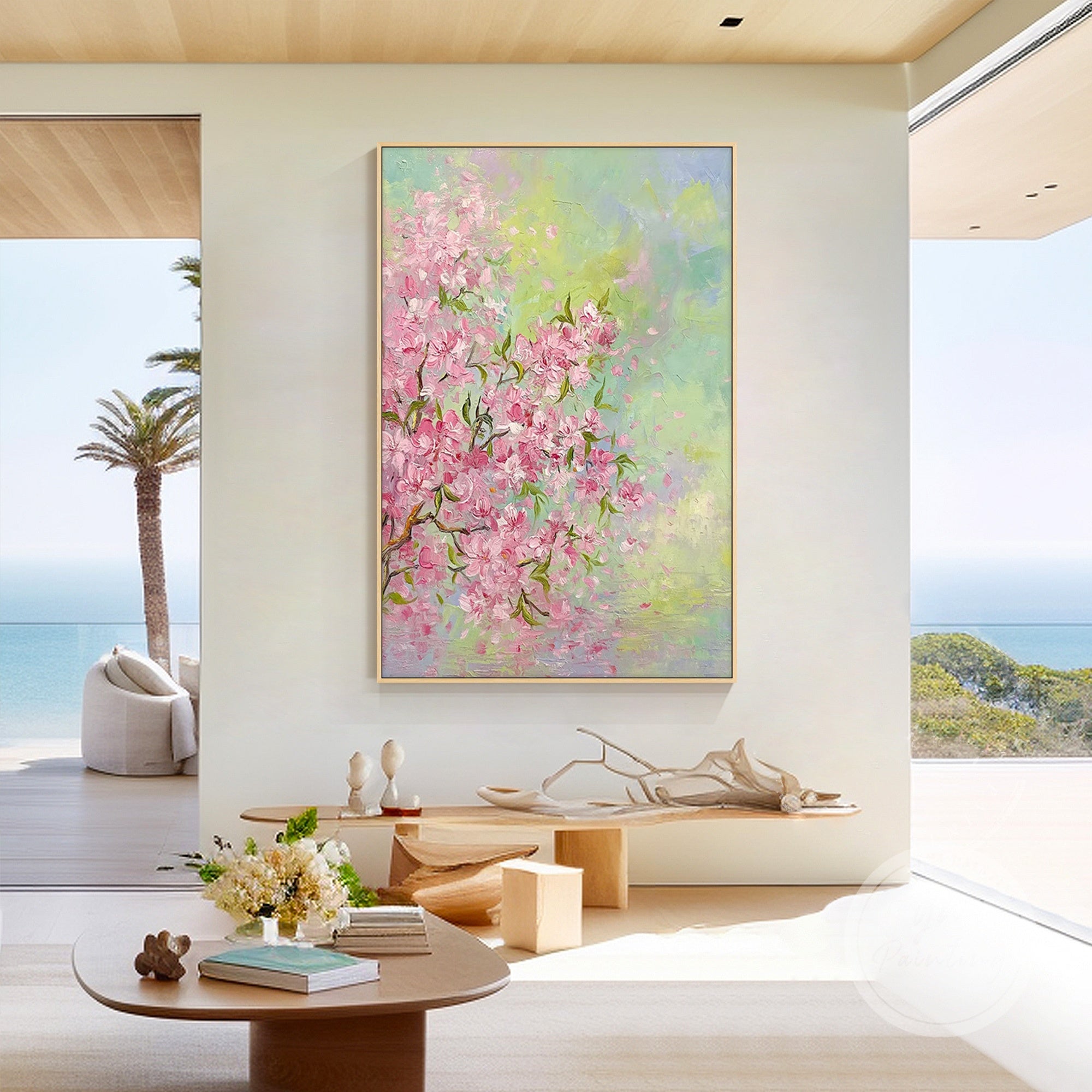 Soft pastel pink and green flower wall art, a luxurious and uplifting piece for living rooms or bedrooms.