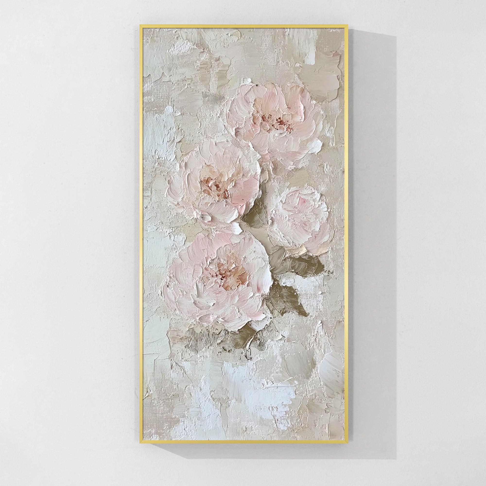 Textured flower painting with beige and pink tones, perfect for modern floral wall décor.