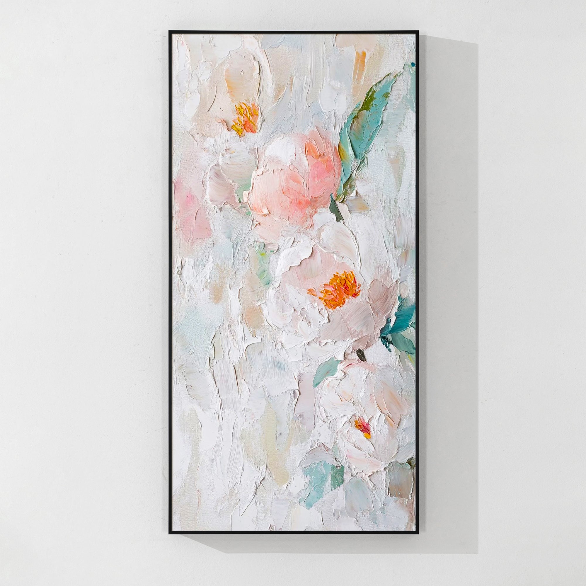 Large textured flower painting in beige and pink tones, ideal for lobby and bedroom décor.