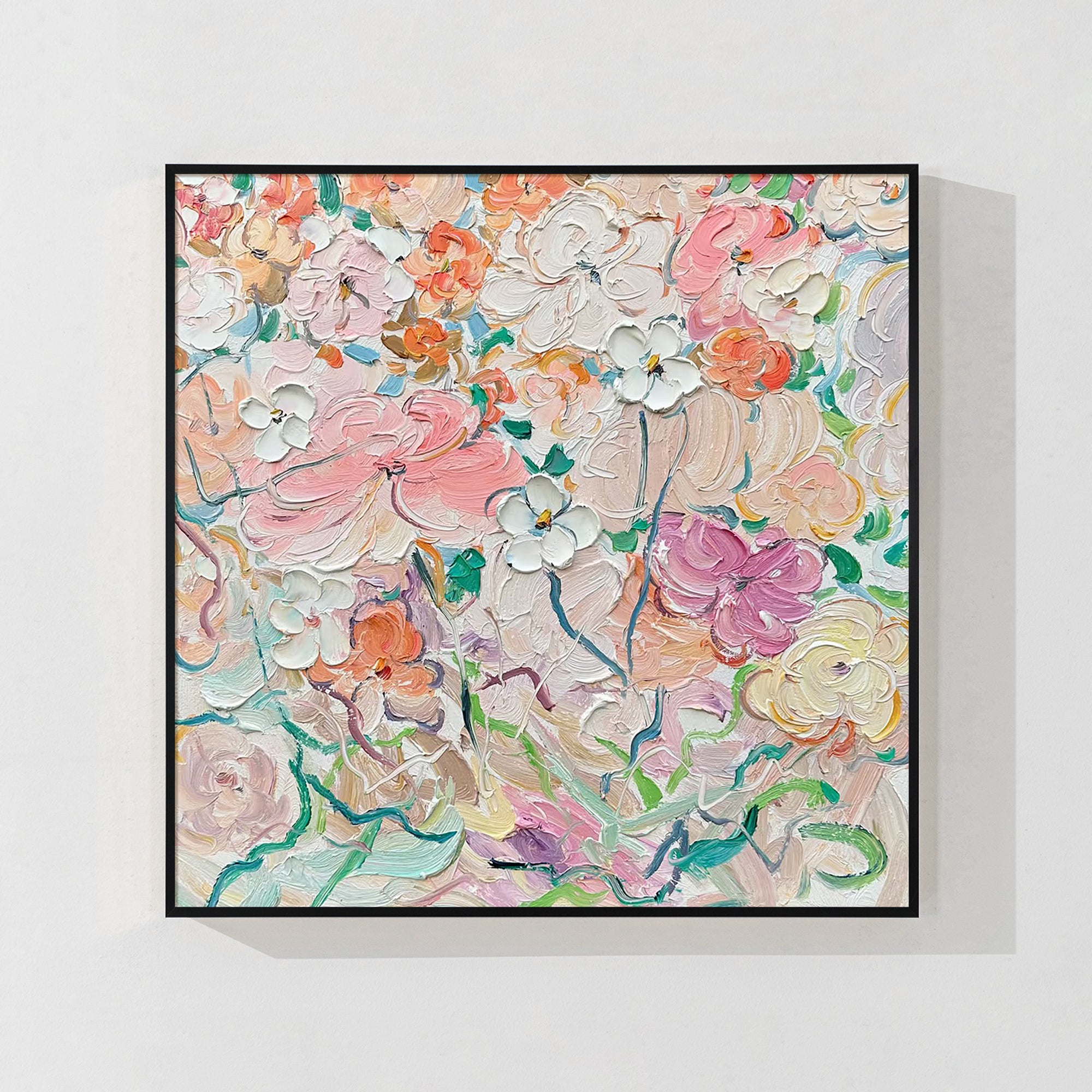 Large abstract flower artwork in pink and green tones, hand-painted on canvas.