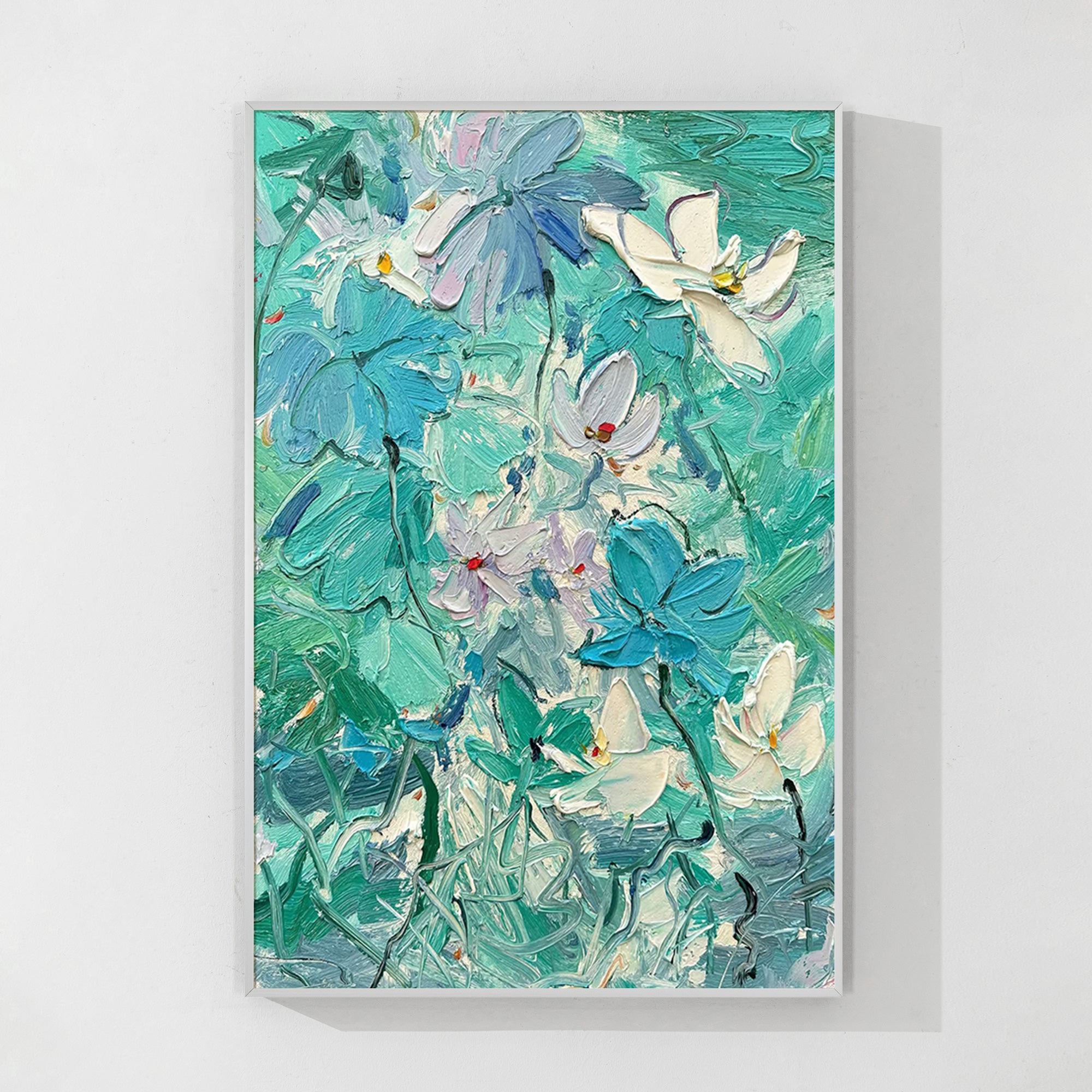 Large abstract teal flower artwork with bold floral shapes, ideal for modern home décor.