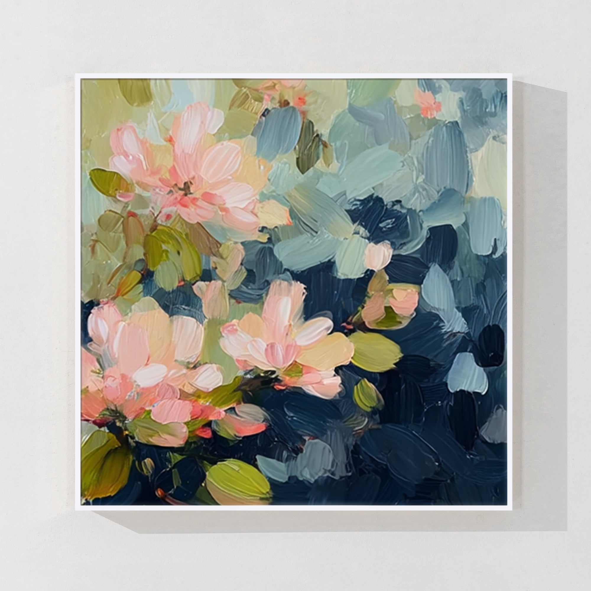 Large navy and pink flower painting, perfect for bedroom wall decor.