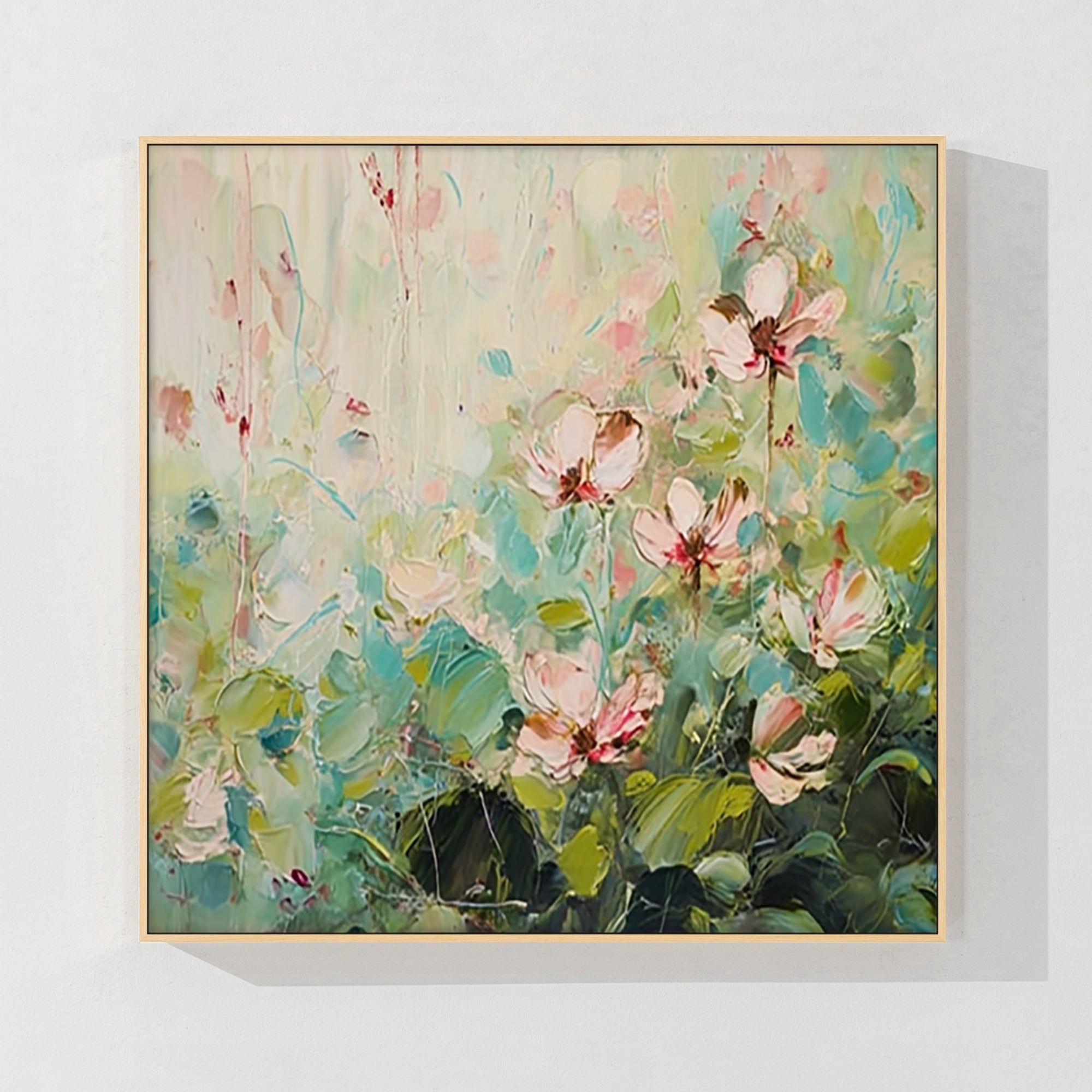 Abstract pink and green flower art, original hand-painted canvas painting.