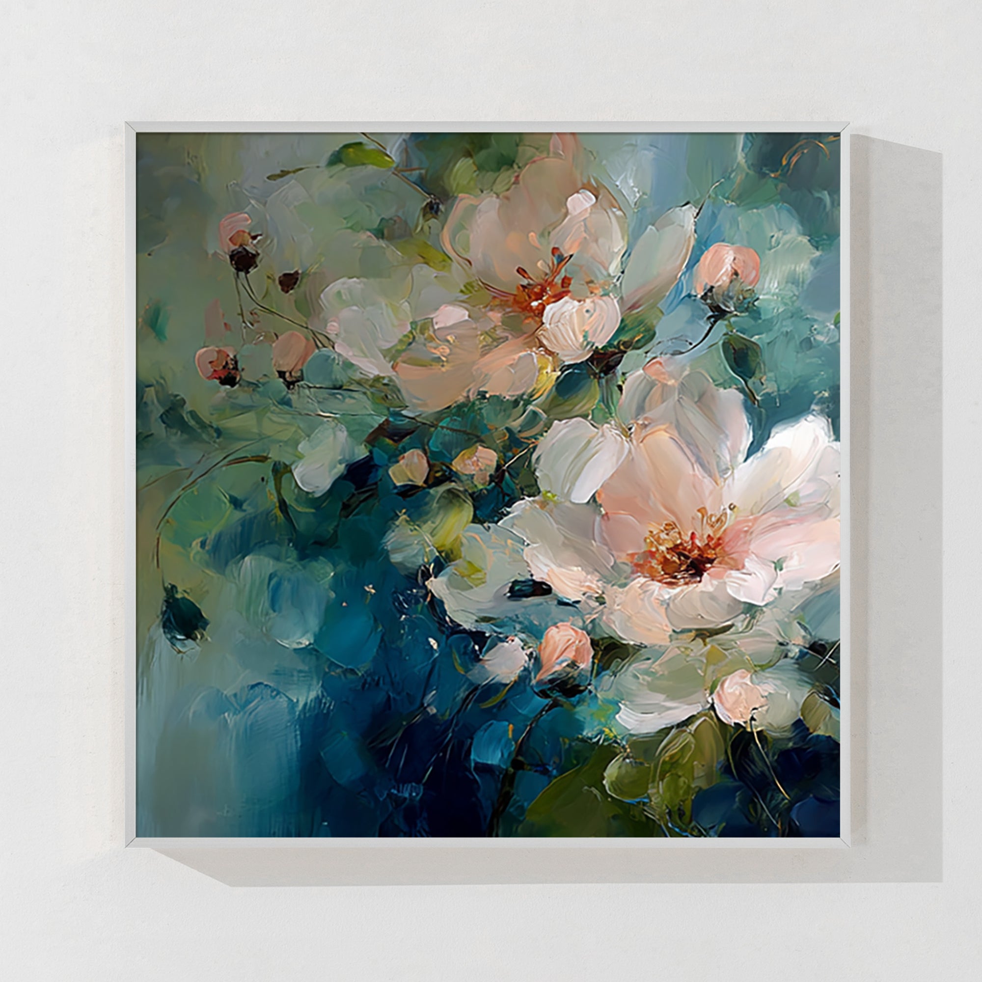 油絵アート（green flower） Huge Blue Green Flower Art | Abstract Floral Canvas Painting