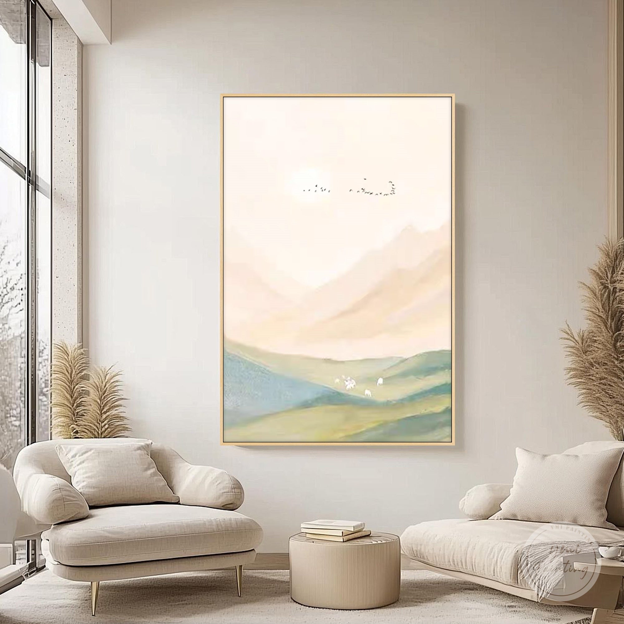 Nature-inspired canvas artwork with birds and mountains