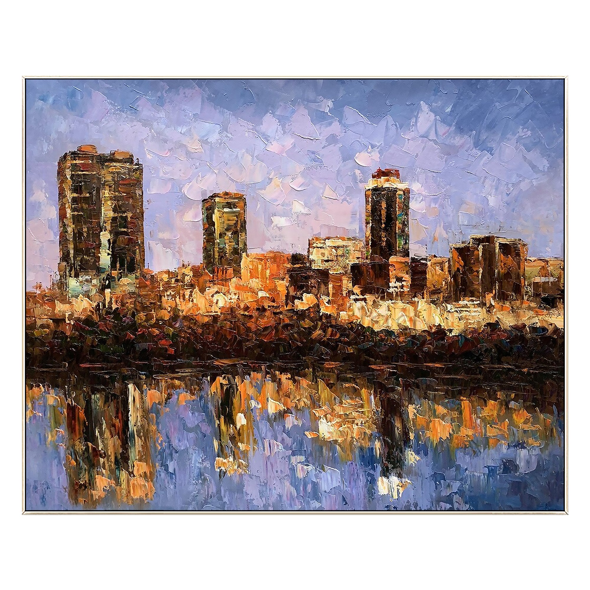 Abstract Fort Worth cityscape painting with textured palette knife strokes, showcasing the urban landscape.