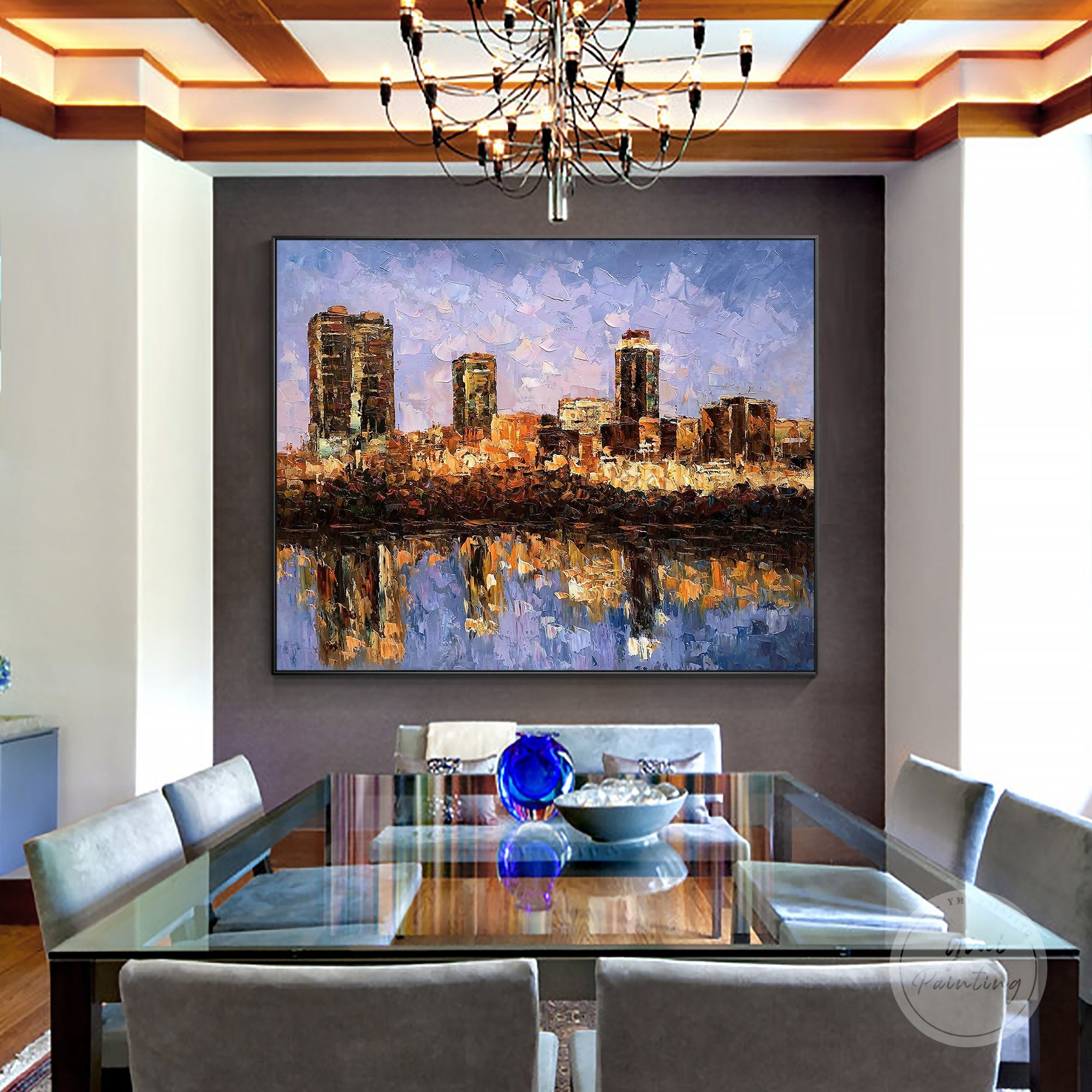 Hand-painted Fort Worth cityscape art featuring abstract textures and dynamic brushwork.
