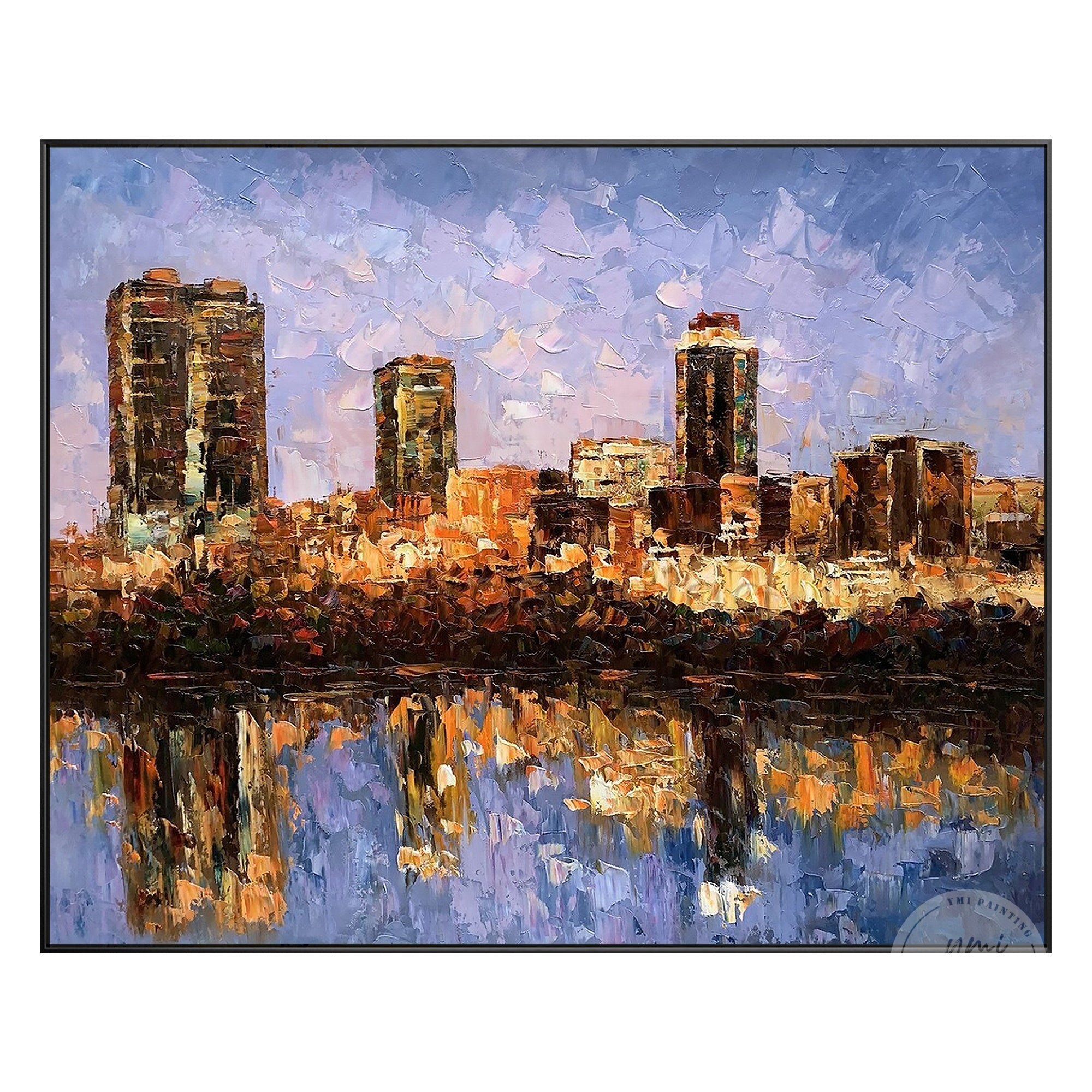 Urban Fort Worth cityscape painting with textured palette knife art, ideal for modern home or office decor.