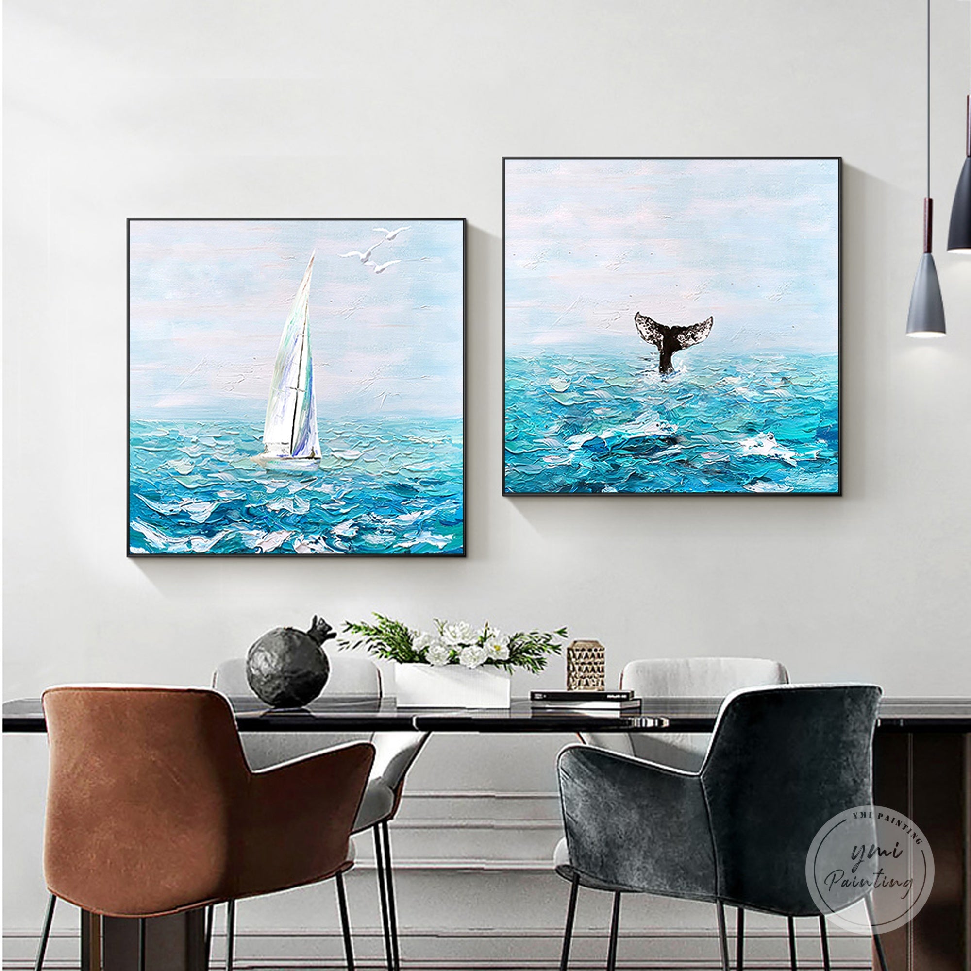 Blue abstract seascape sailboat whale tail canvas wall art set in modern dining room