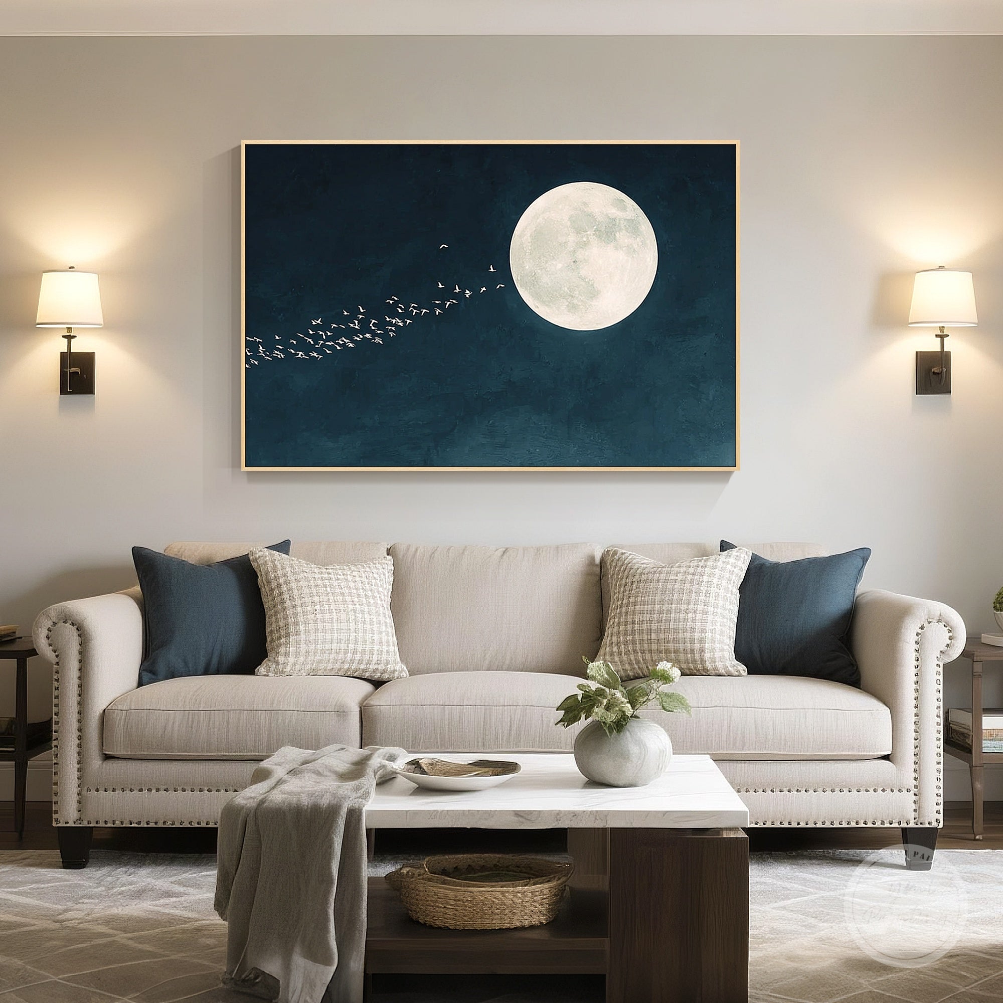 Celestial wall art featuring luminous moon and flying birds