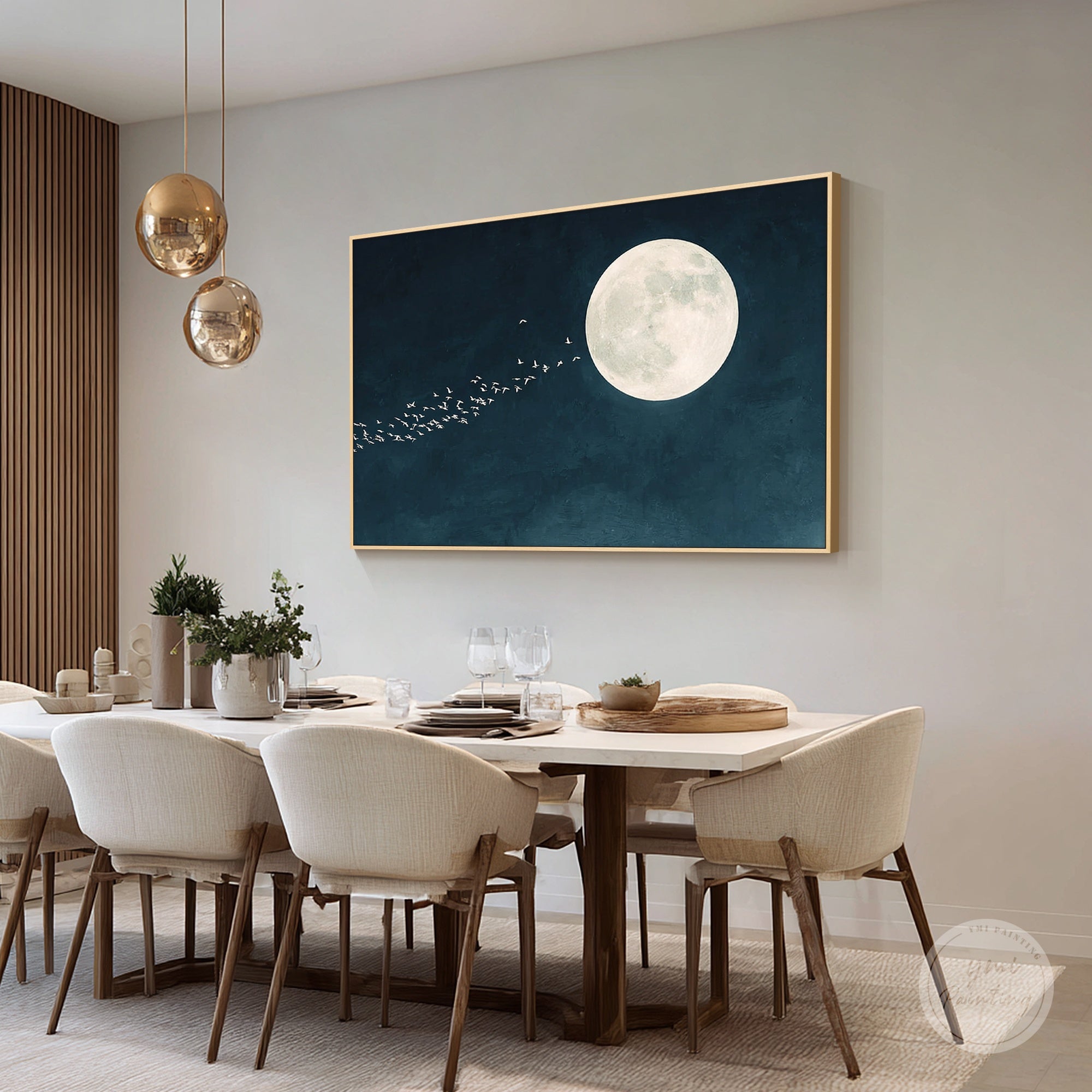 Minimalist night sky painting with large full moon and birds