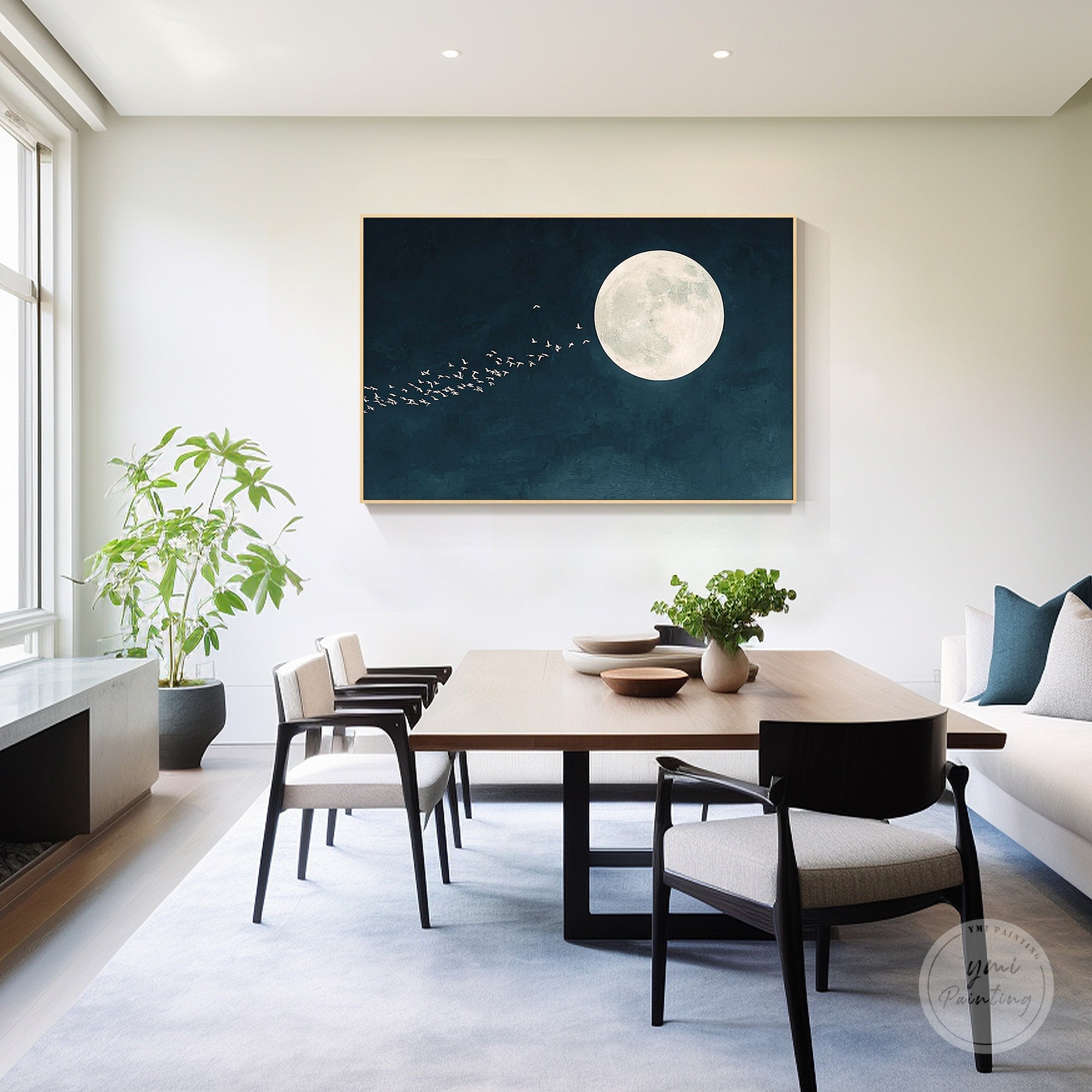 Modern moon canvas print in navy blue and ivory tones