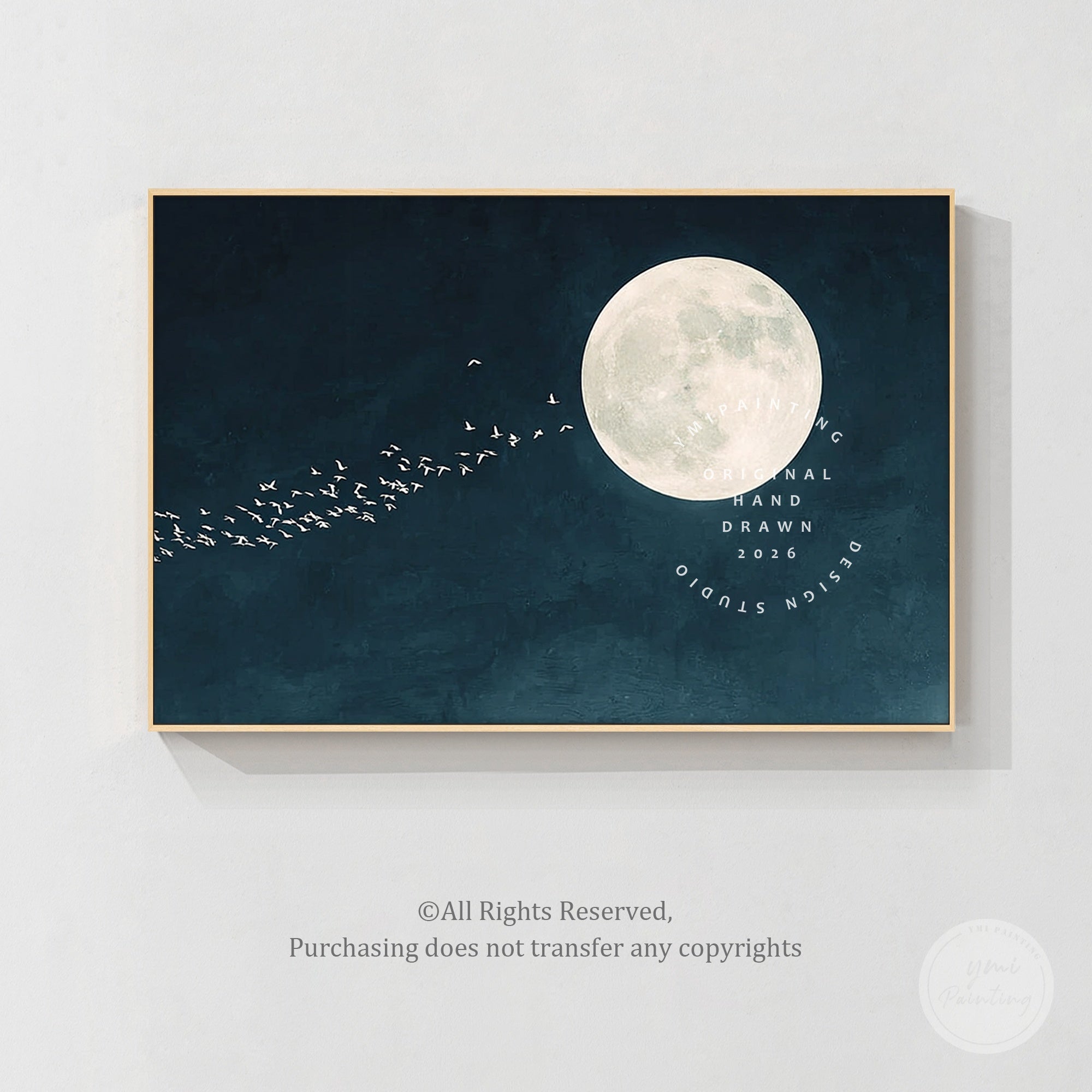 Full moon wall art with flying birds in a dark blue night sky