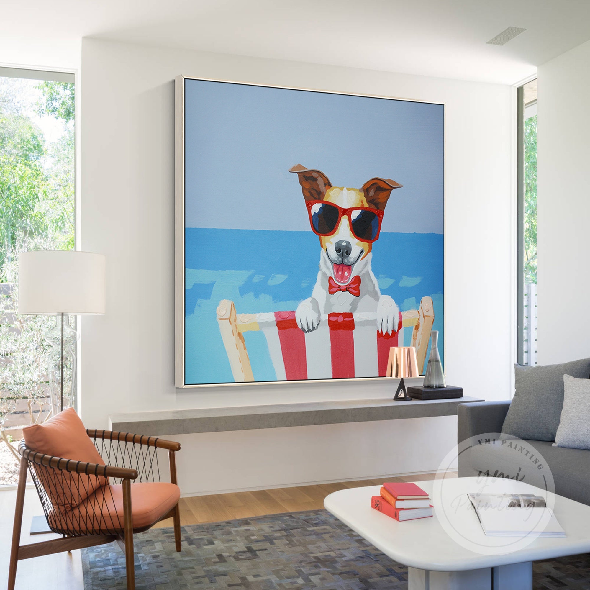 Playful beach dog artwork featuring a relaxed terrier