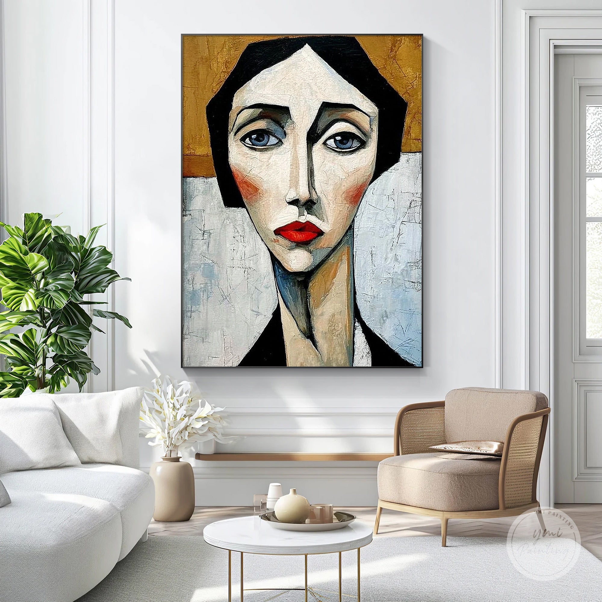 Geometric female portrait canvas in contemporary home interior