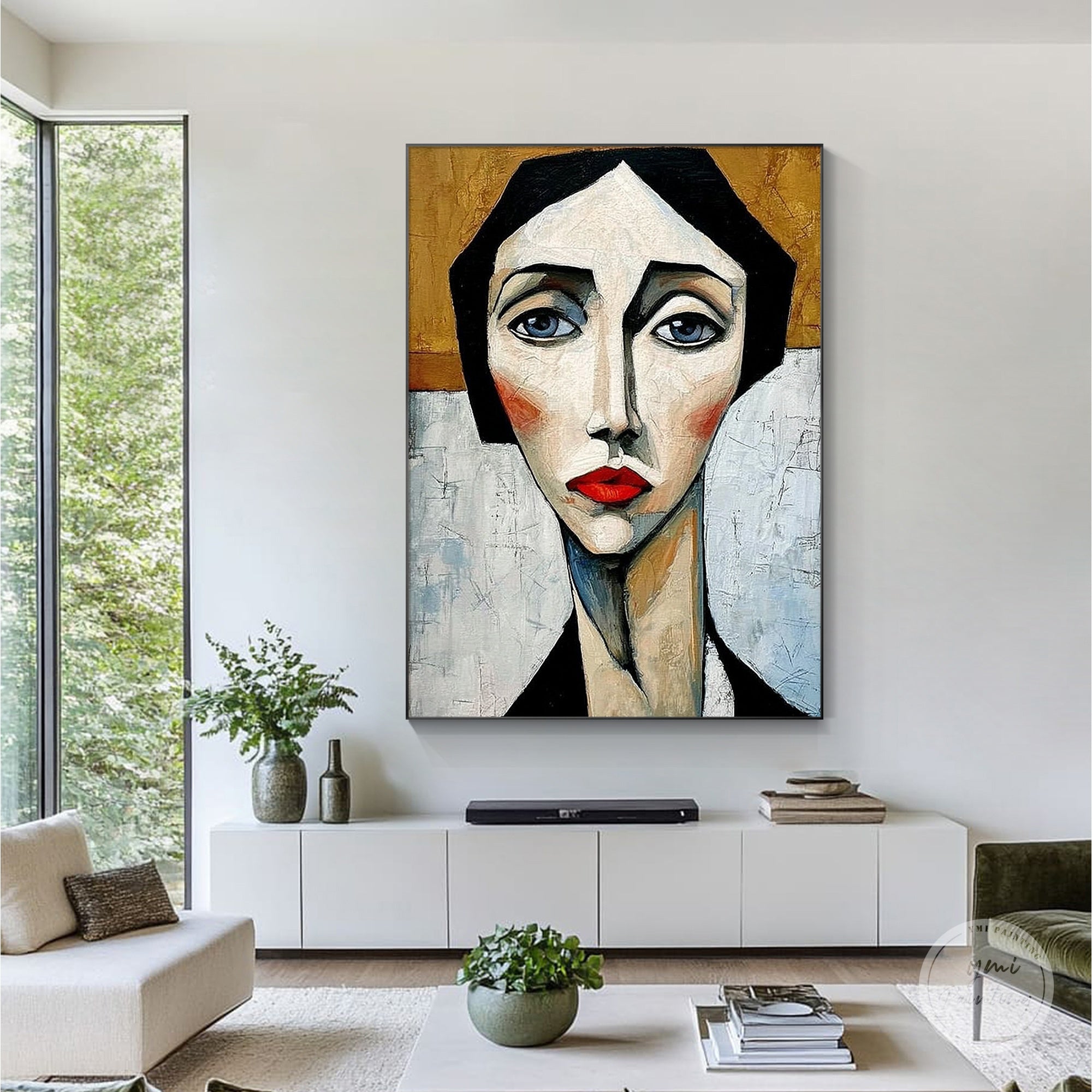 Modern expressionist woman painting displayed on a living room wall