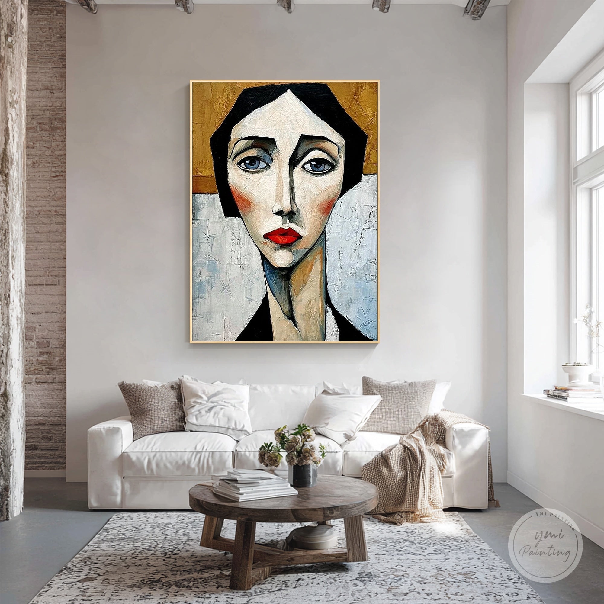 Abstract portrait of a woman with red lips and blue eyes hanging in a living room