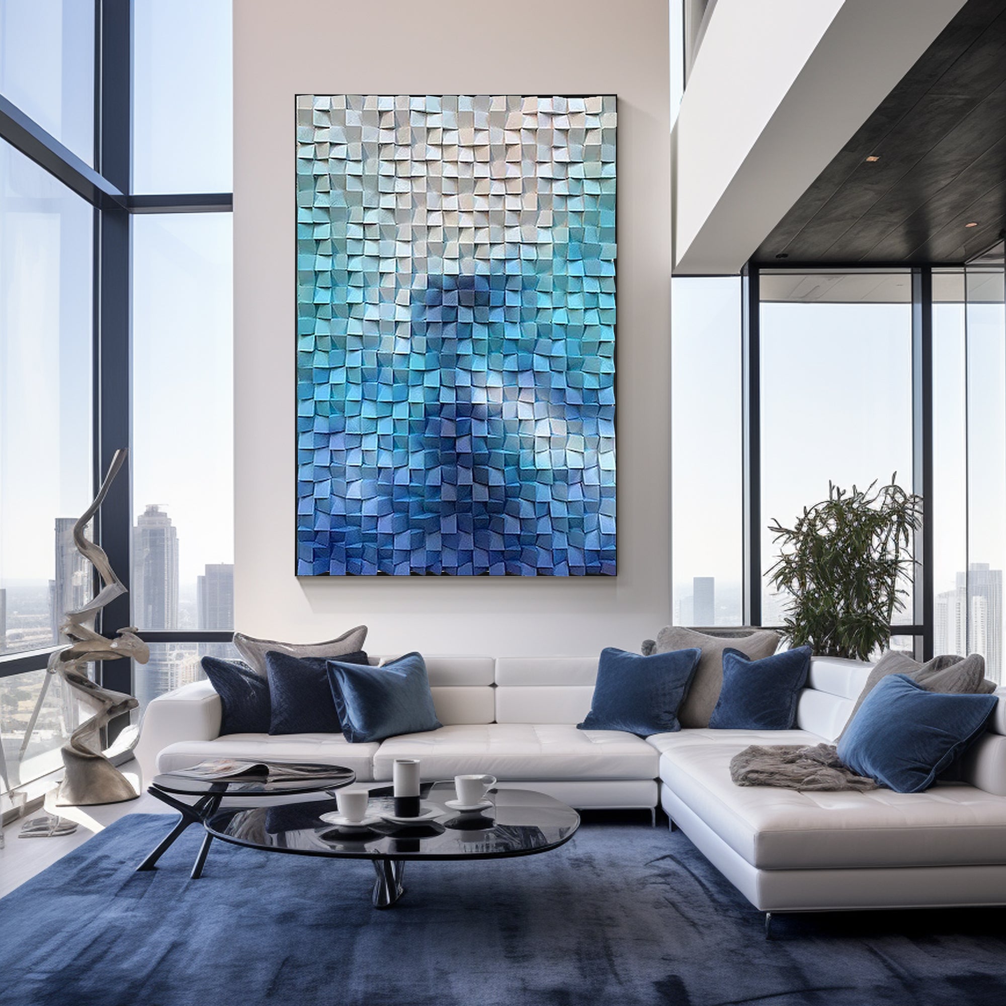 Large vertical painting with a blue and white geometric mosaic design, featuring abstract square wood tiles.