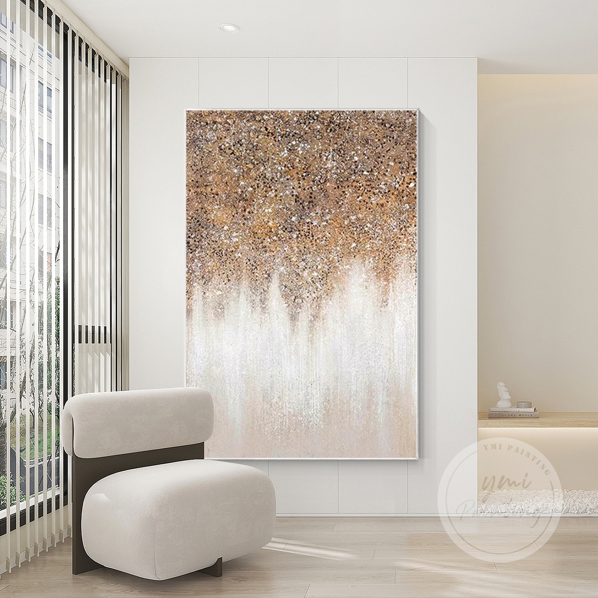 Abstract brown and white glitter painting