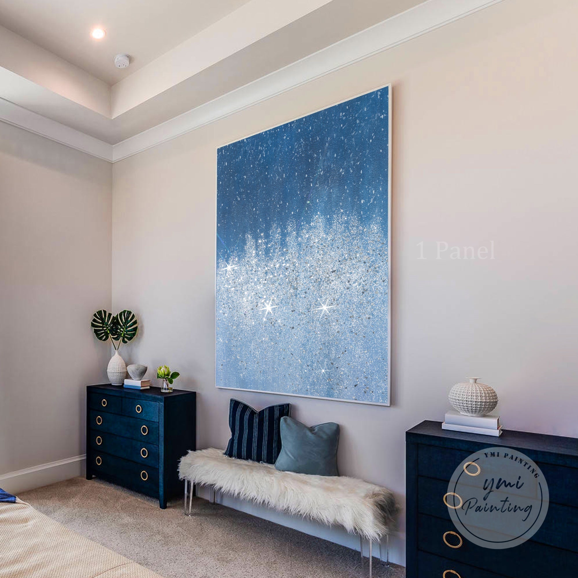 Unique silver glitter painting with crushed glass accents, creating a lavish focal point in a modern office space.