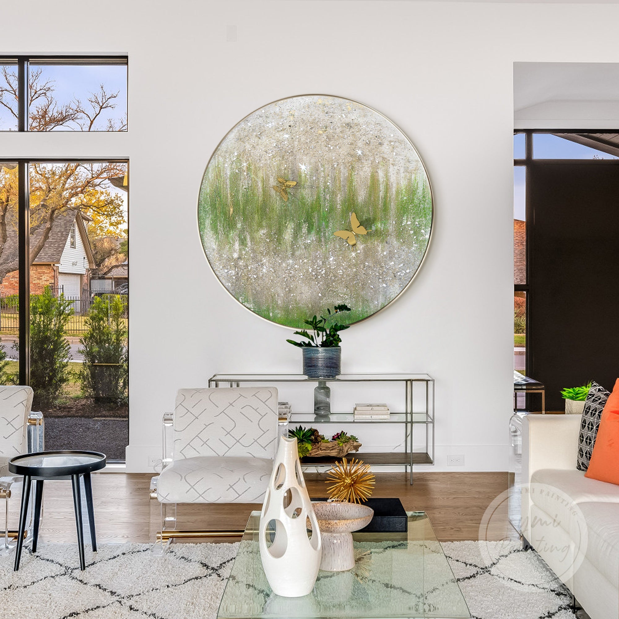 Framed circular glitter art with sage and silver hues, perfect for elegant wall decor.