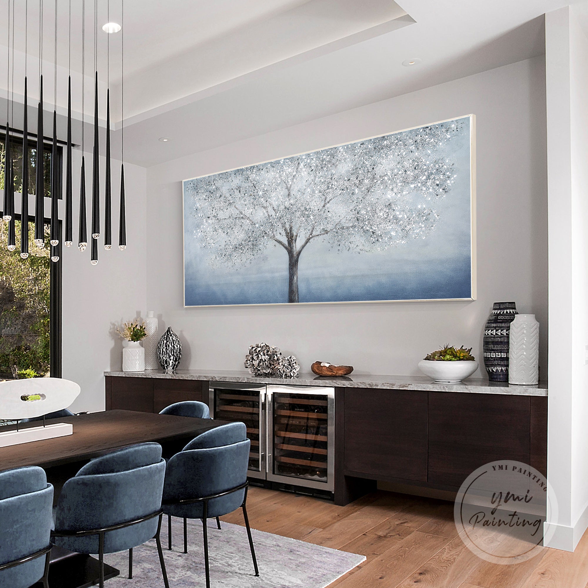 Silver glitter large canvas art depicting a majestic blue tree, blending natural beauty with modern glam style.