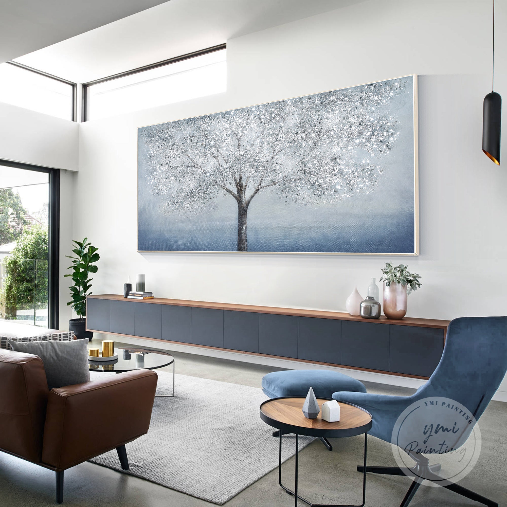 Handcrafted blue tree glitter painting with textured surface and silver leaf highlights for sophisticated home or office decor.