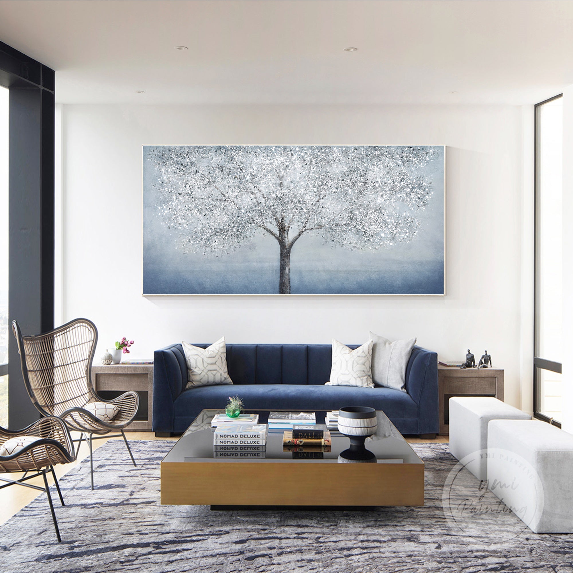 Glamorous large framed blue tree wall art with shimmering silver glitter and rich textures.