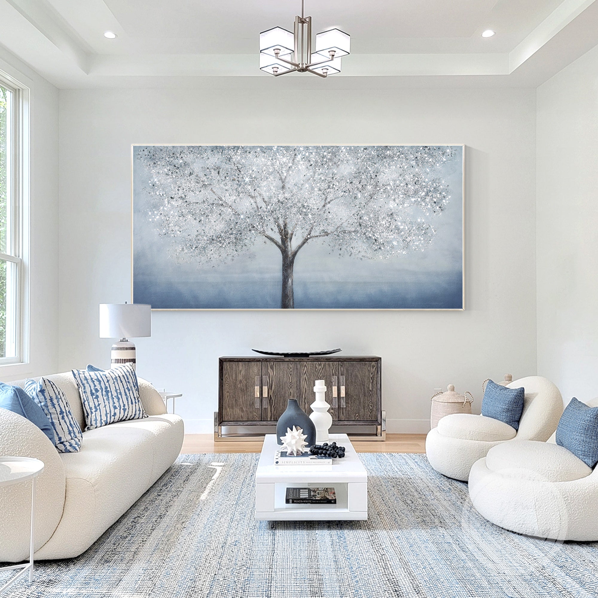 Minimalist silver glitter tree art with deep blue tones, designed to add calmness and elegance to any room.